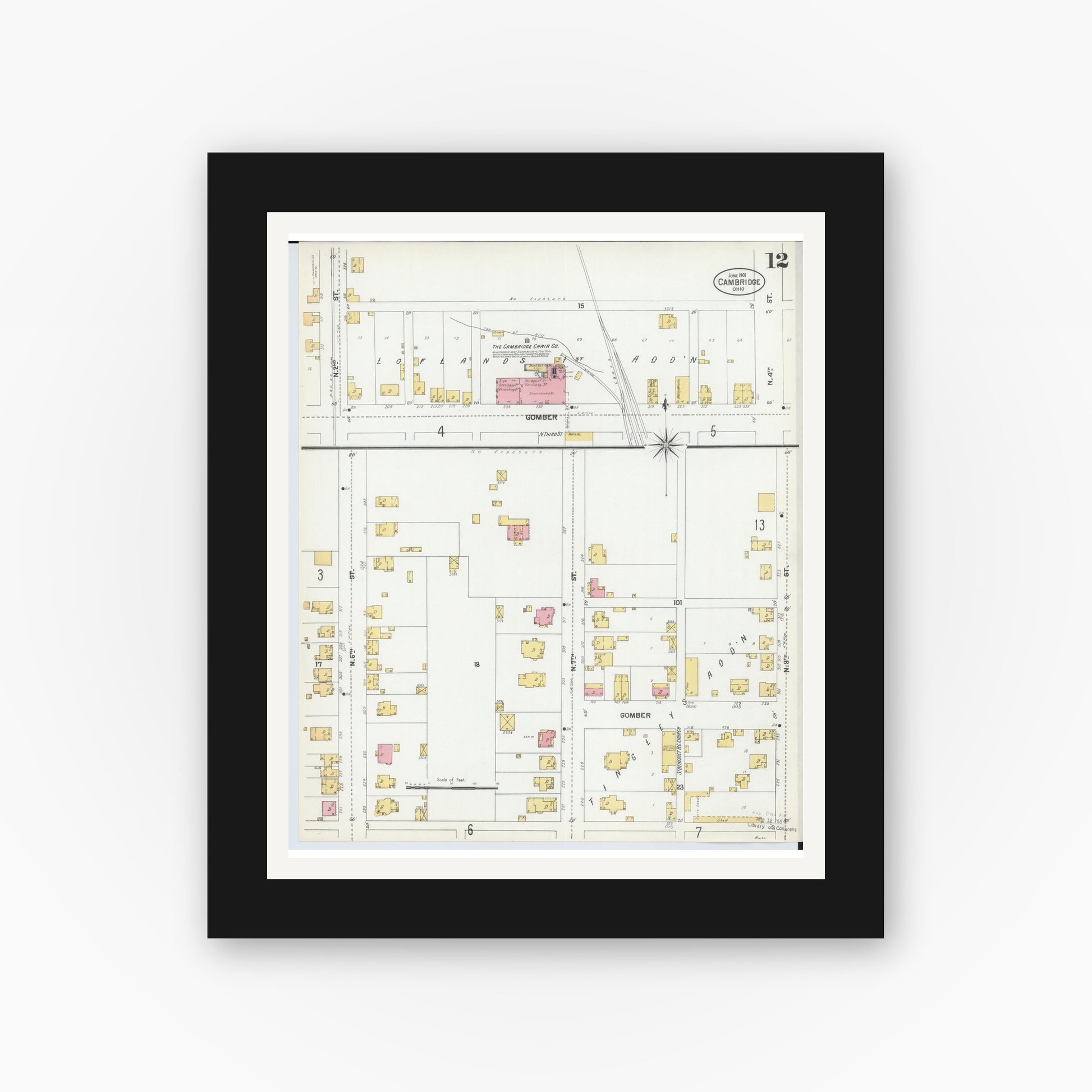Old map wall art mockup — black gallery frame with white mat — Sanborn Fire Insurance Map from Cambridge, Guernsey County, Ohio (1901), Sheet #0012