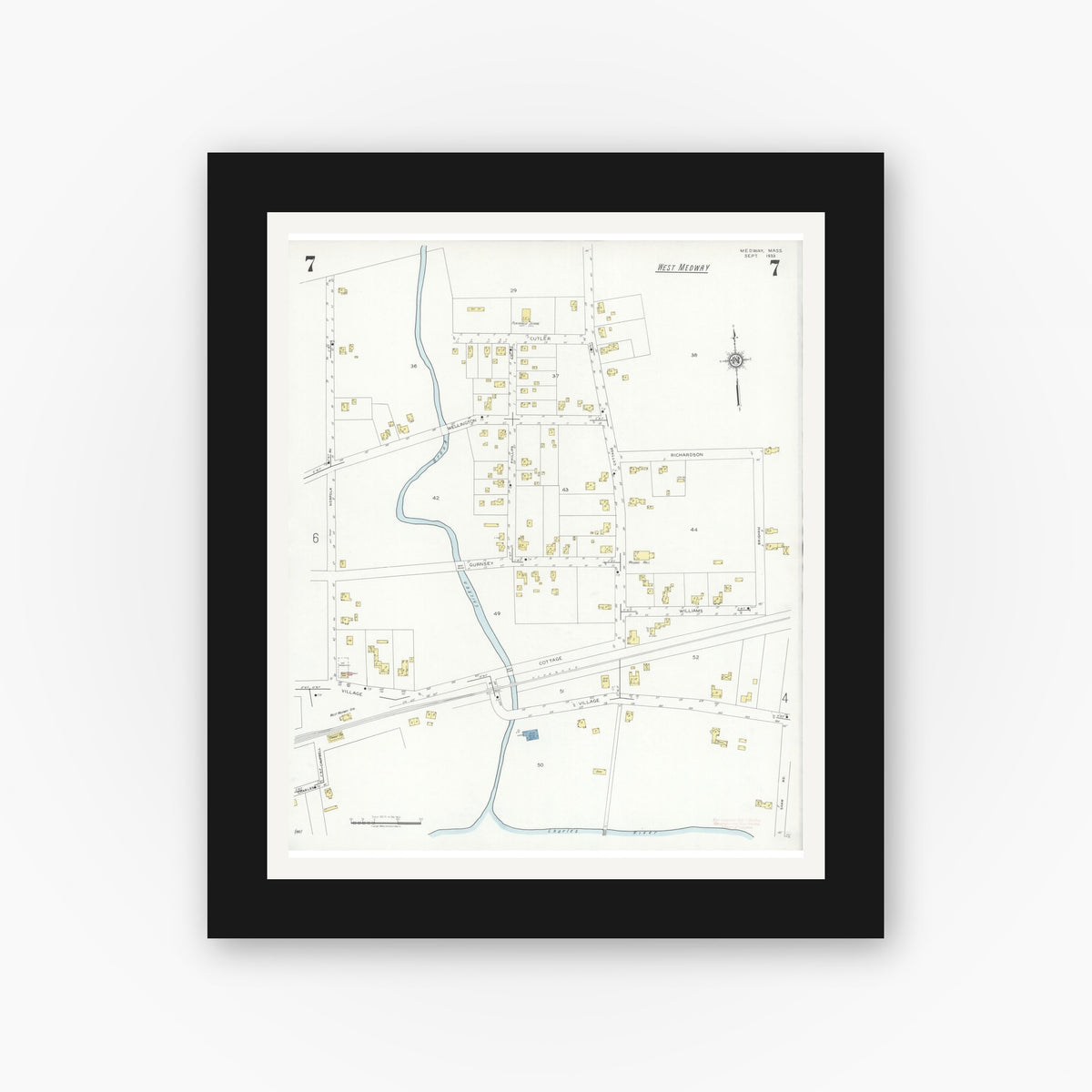 Old map wall art mockup — black gallery frame with white mat — Sanborn Fire Insurance Map from Medway, Norfolk County, Massachusetts (1933), Sheet #0007