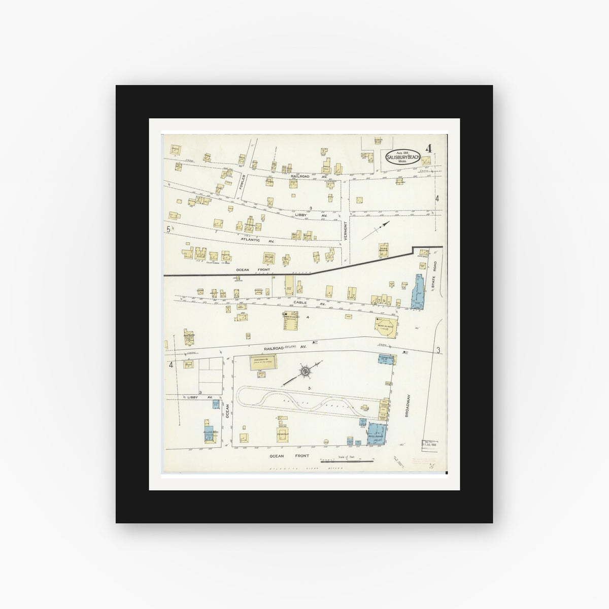 Old map wall art mockup — black gallery frame with white mat — Sanborn Fire Insurance Map from Salisbury, Essex County, Massachusetts (1914), Sheet #0004