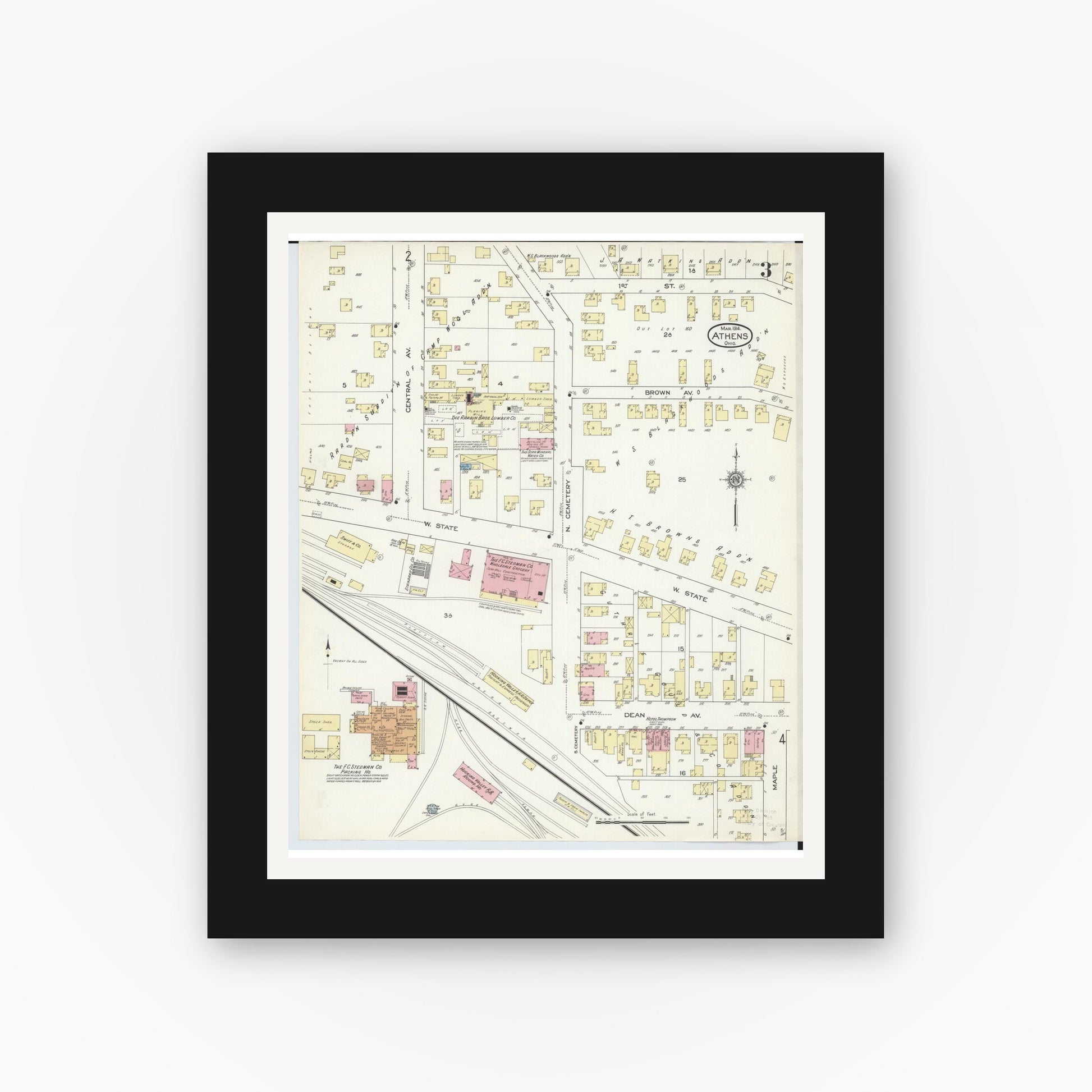 Old map wall art mockup — black gallery frame with white mat — Sanborn Fire Insurance Map from Athens, Athens County, Ohio (1914), Sheet #0003