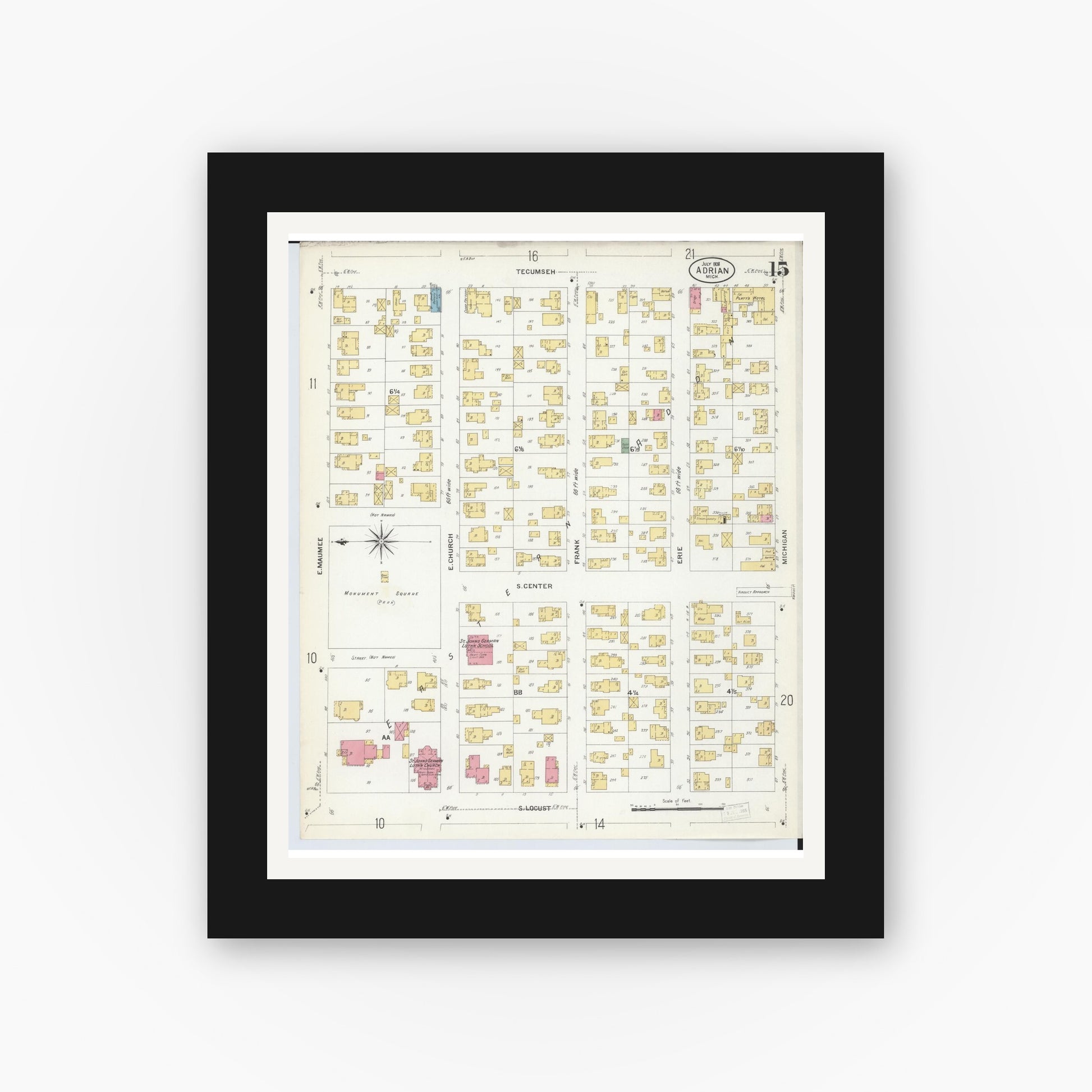 Old map wall art mockup — black gallery frame with white mat — Sanborn Fire Insurance Map from Adrian, Lenawee County, Michigan (1908), Sheet #0015