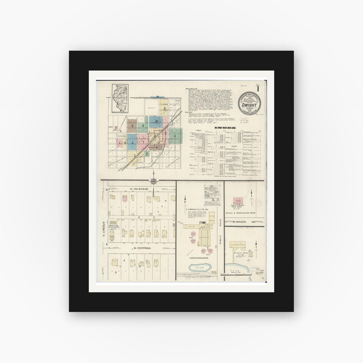 Old map wall art mockup — black gallery frame with white mat — Sanborn Fire Insurance Map from Dwight, Livingston County, Illinois (1914), Sheet #0001