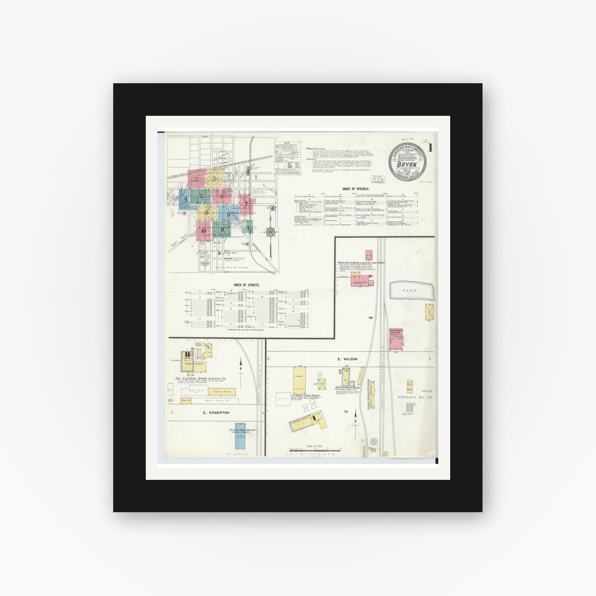 Old map wall art mockup — black gallery frame with white mat — Sanborn Fire Insurance Map from Bryan, Williams County, Ohio (1911) - Complete Map Set