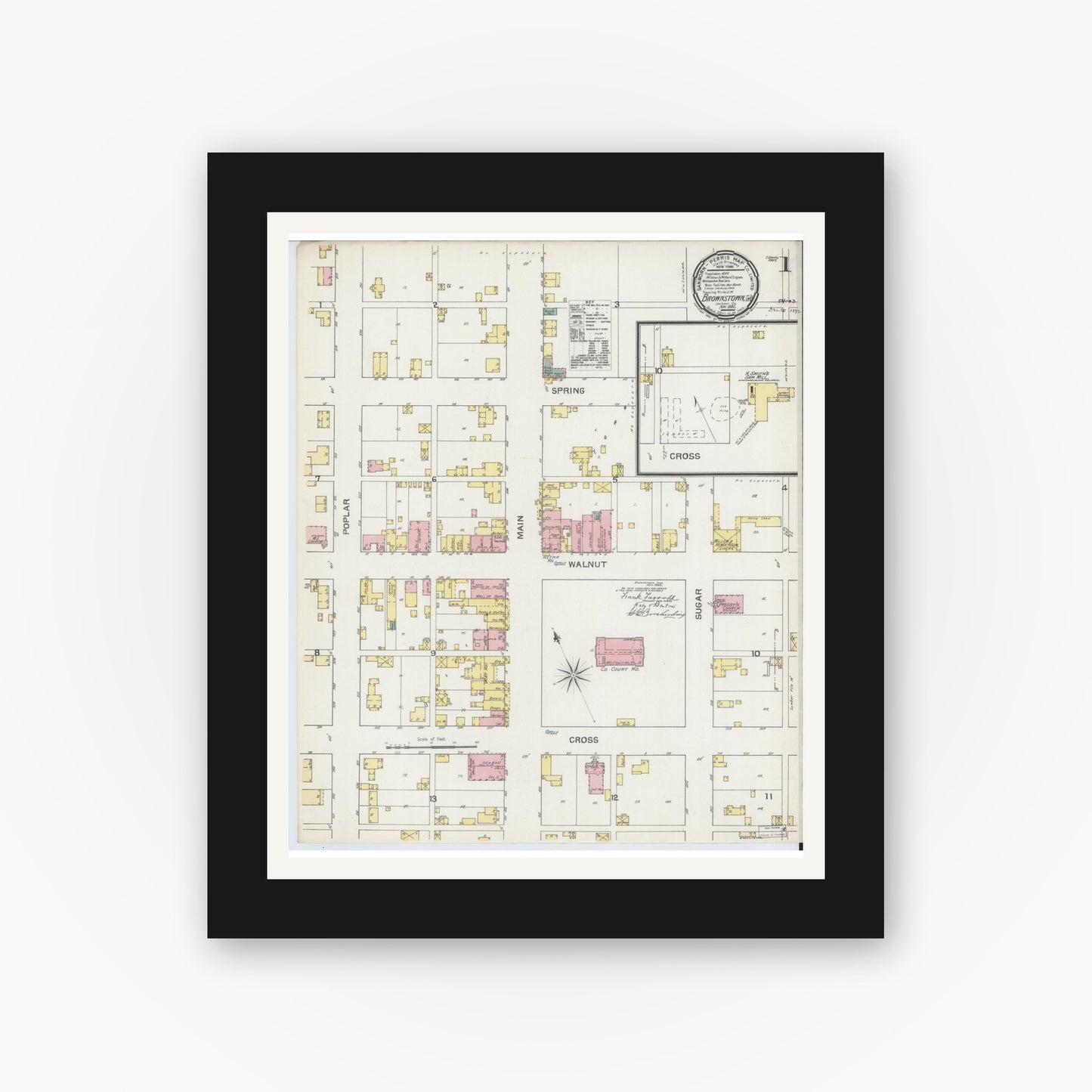Old map wall art mockup — black gallery frame with white mat — Sanborn Fire Insurance Map from Brownstown, Jackson County, Indiana (1892) - Complete Map Set