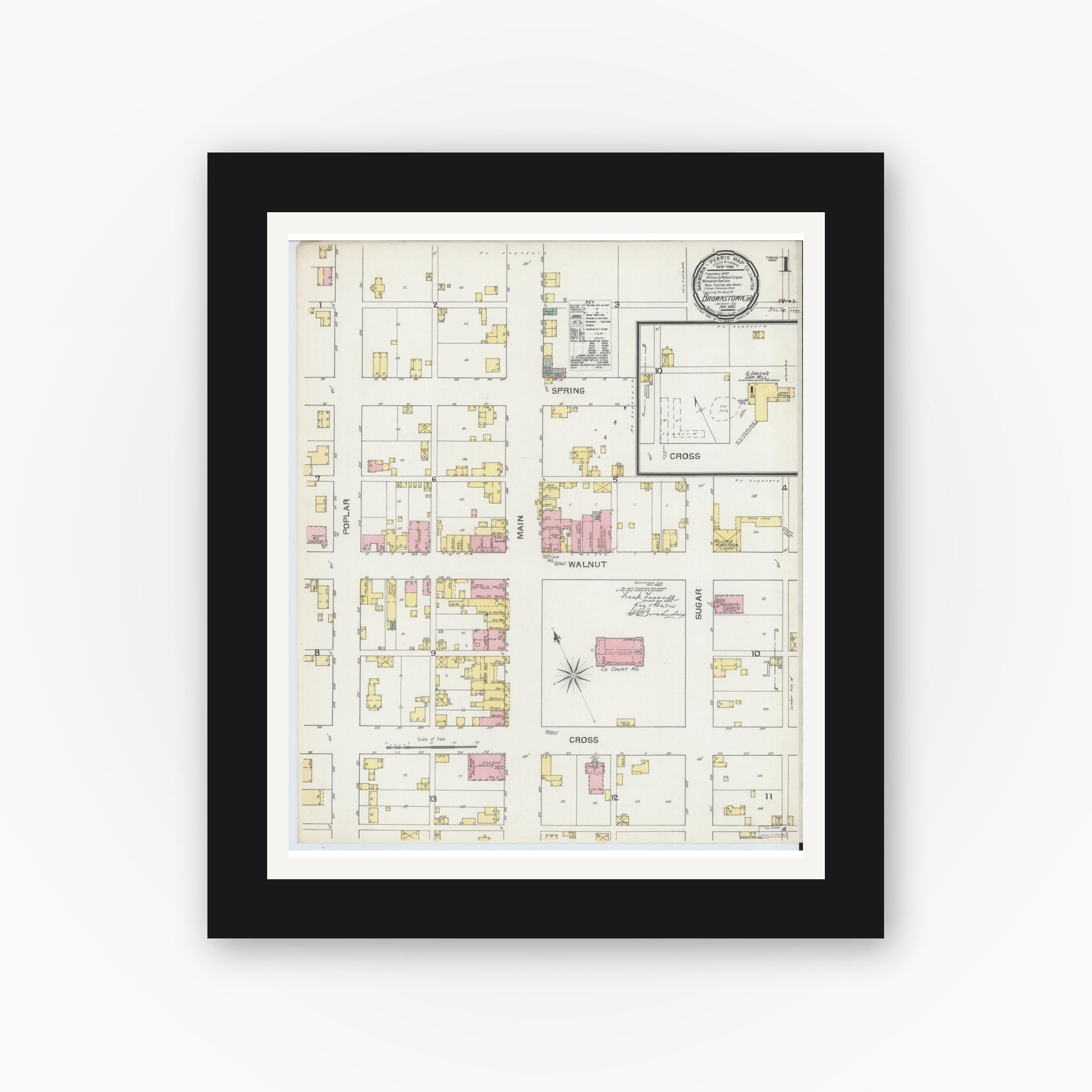 Old map wall art mockup — black gallery frame with white mat — Sanborn Fire Insurance Map from Brownstown, Jackson County, Indiana (1892) - Complete Map Set