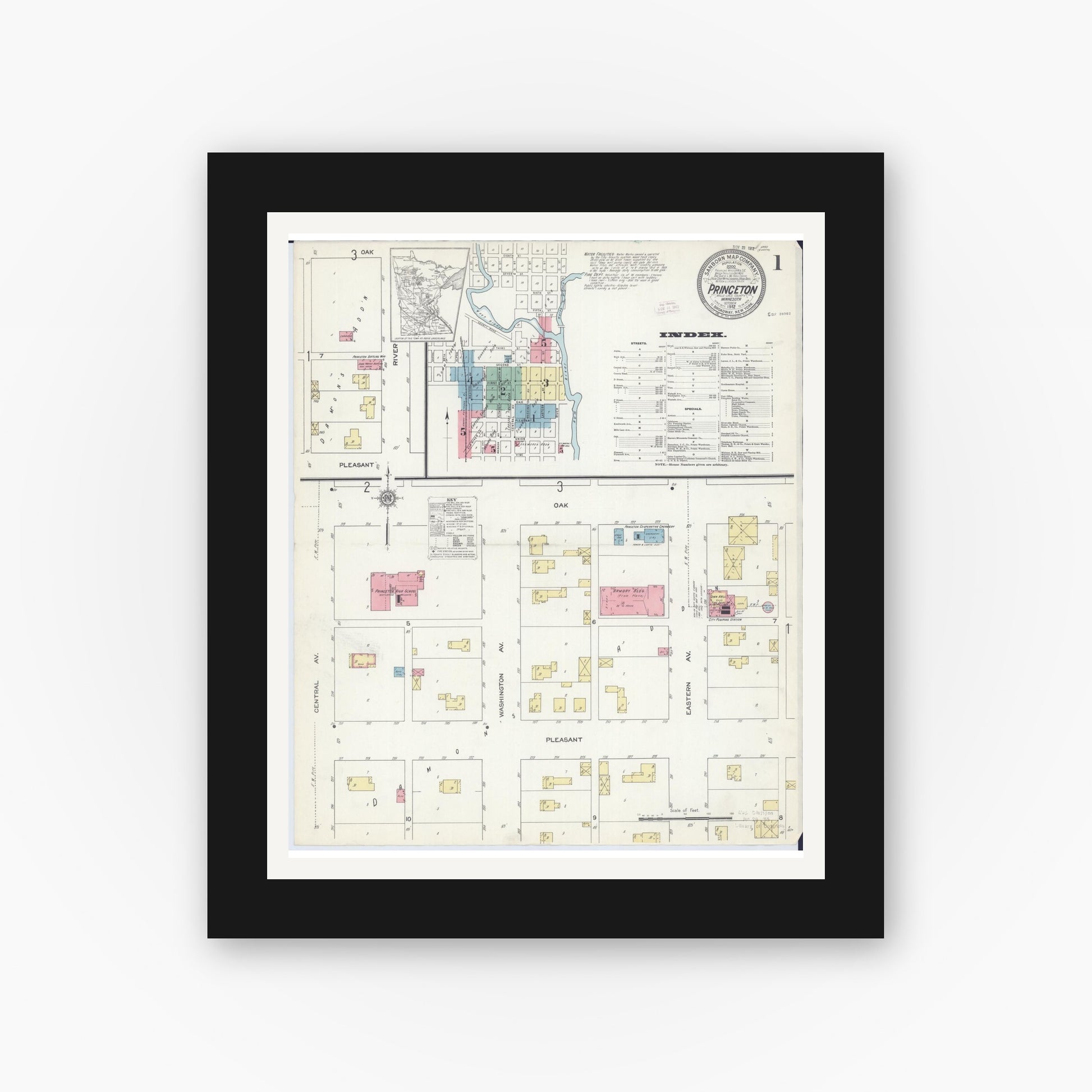 Old map wall art mockup — black gallery frame with white mat — Sanborn Fire Insurance Map from Princeton, Mille Lacs County, Minnesota (1912), Sheet #0001