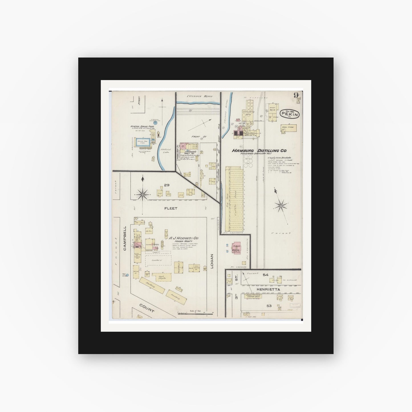 Old map wall art mockup — black gallery frame with white mat — Sanborn Fire Insurance Map from Pekin, Tazewell County, Illinois (1885), Sheet #0009