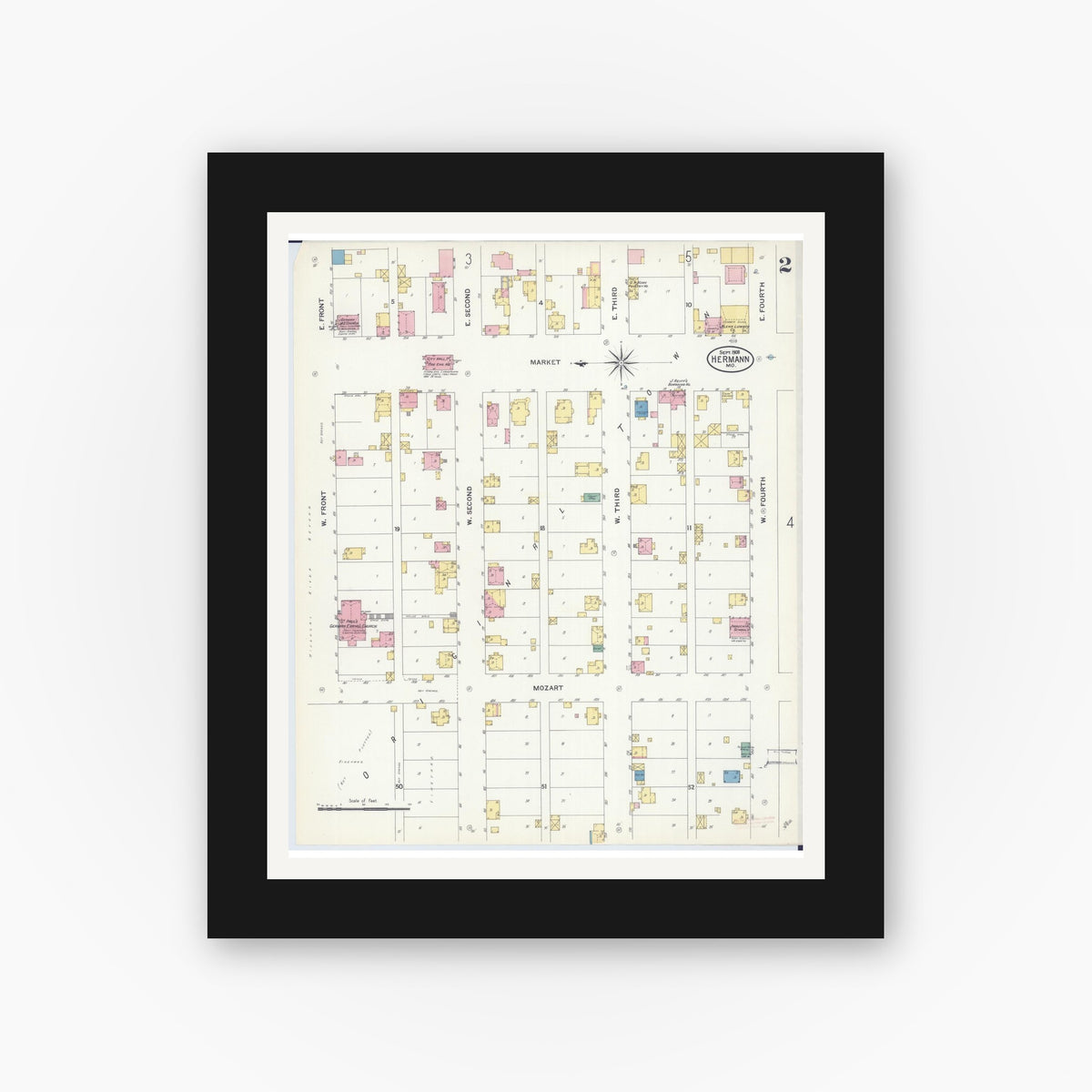 Old map wall art mockup — black gallery frame with white mat — Sanborn Fire Insurance Map from Hermann, Gasconade County, Missouri (1908), Sheet #0002