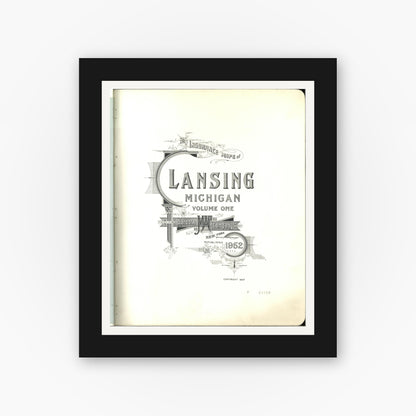 Old map wall art mockup — black gallery frame with white mat — Sanborn Fire Insurance Map from Lansing, Ingham County, Michigan (1953), Sheet #0001