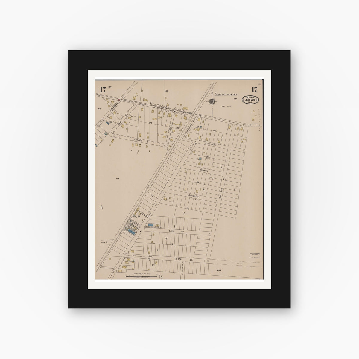 Old map wall art mockup — black gallery frame with white mat — Sanborn Fire Insurance Map from Lakewood, Ocean County, New Jersey (1922), Sheet #0017