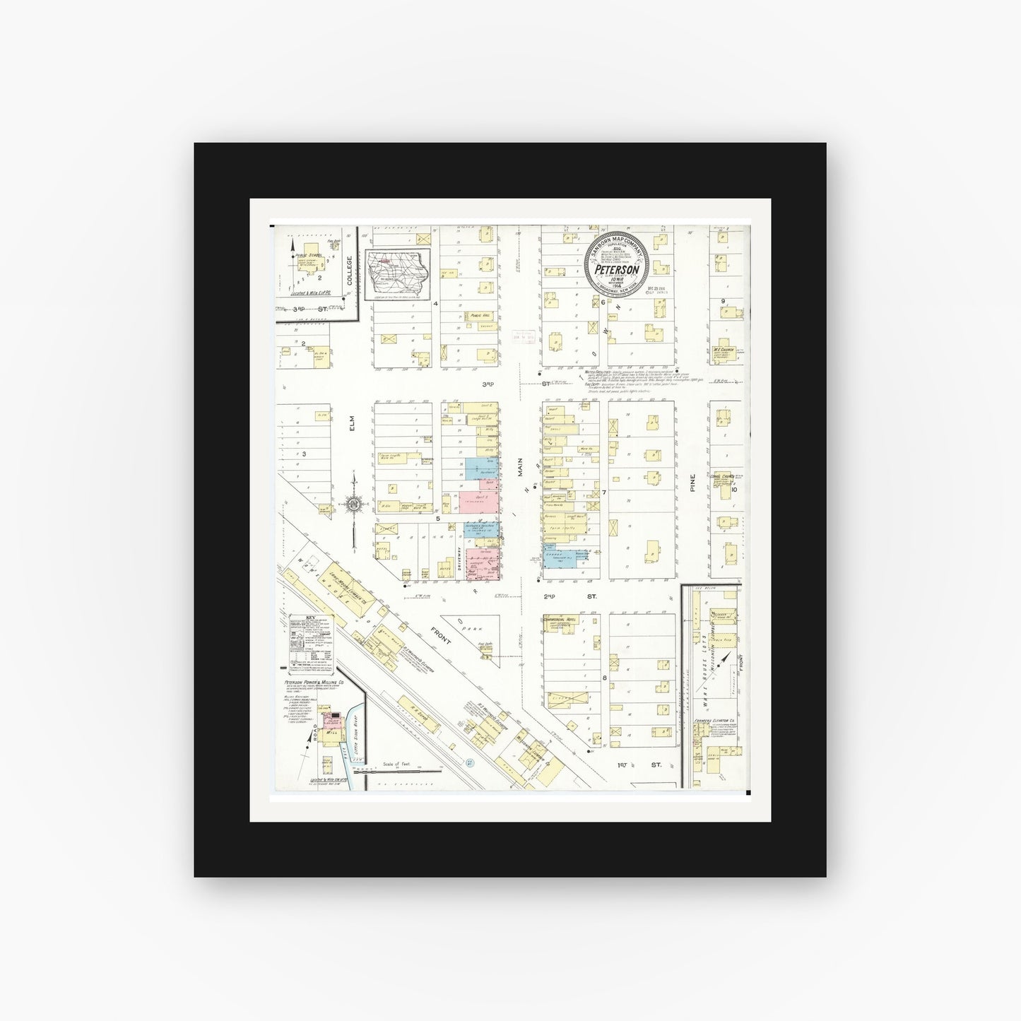 Old map wall art mockup — black gallery frame with white mat — Sanborn Fire Insurance Map from Peterson, Clay County, Iowa (1914), Sheet #0001