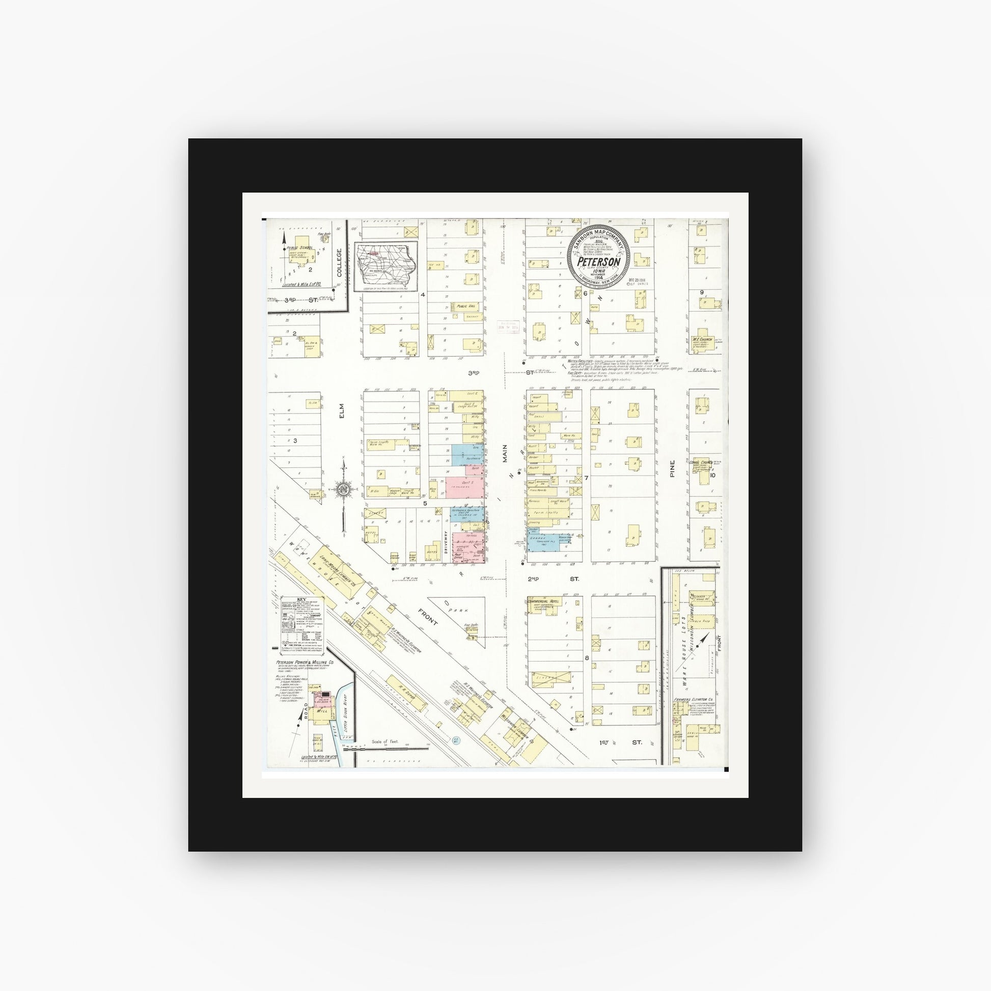 Old map wall art mockup — black gallery frame with white mat — Sanborn Fire Insurance Map from Peterson, Clay County, Iowa (1914), Sheet #0001
