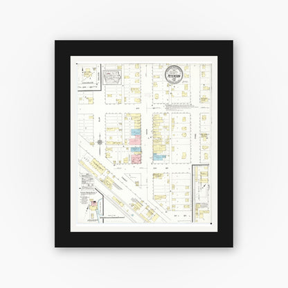Old map wall art mockup — black gallery frame with white mat — Sanborn Fire Insurance Map from Peterson, Clay County, Iowa (1914), Sheet #0001