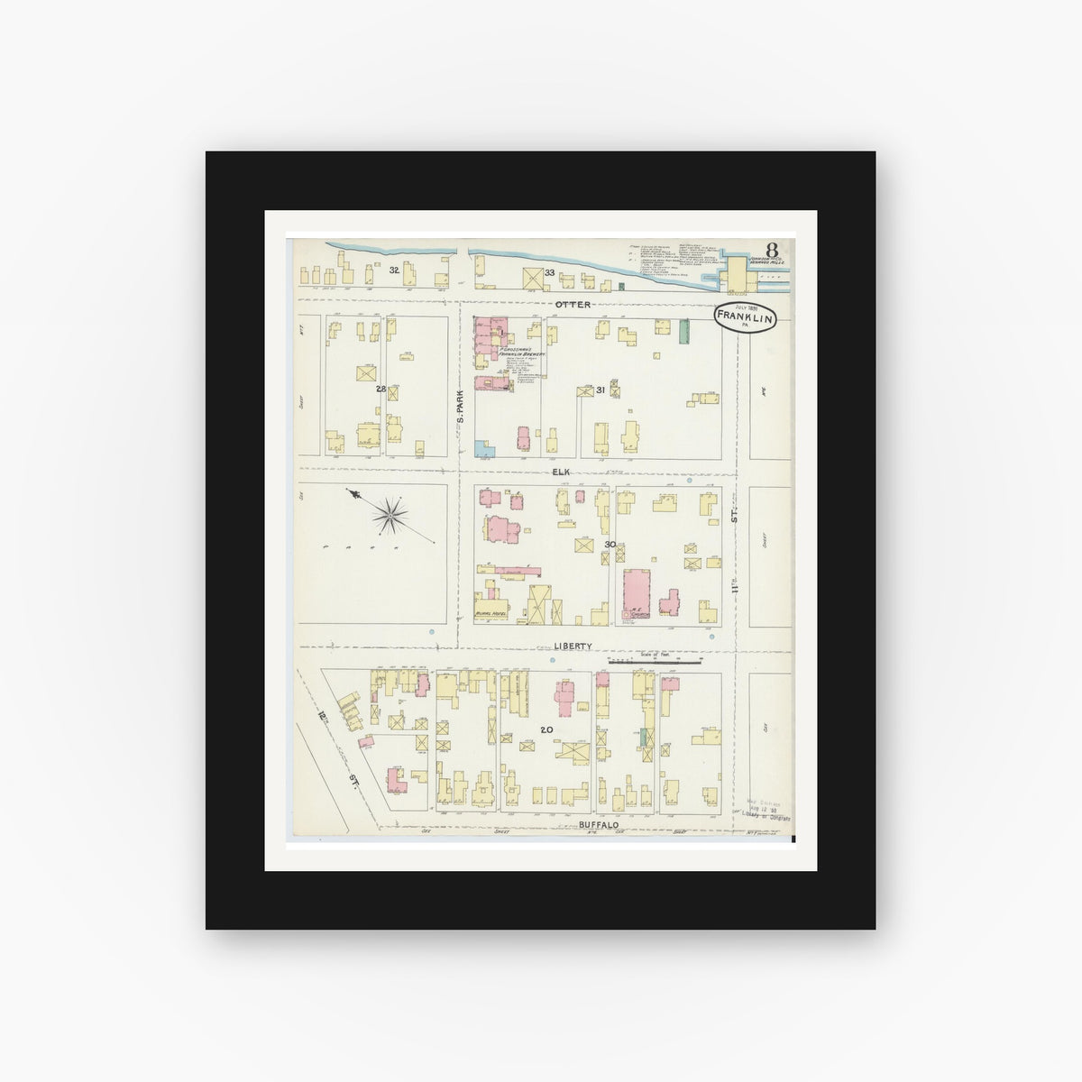 Old map wall art mockup — black gallery frame with white mat — Sanborn Fire Insurance Map from Franklin, Venango County, Pennsylvania (1891), Sheet #0008