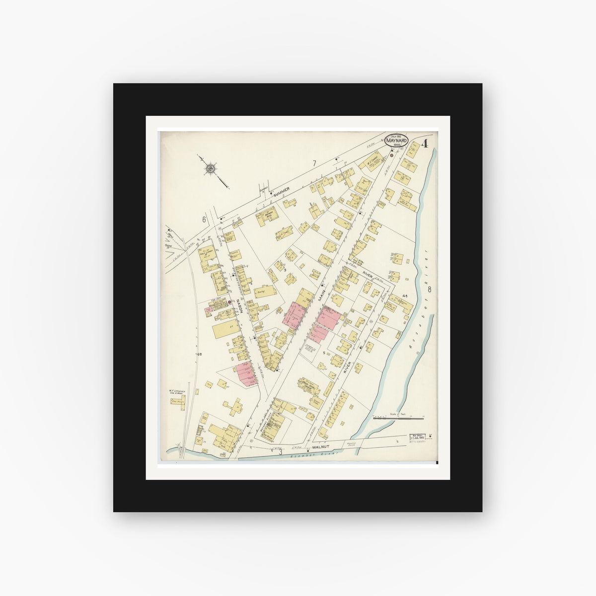 Old map wall art mockup — black gallery frame with white mat — Sanborn Fire Insurance Map from Maynard, Middlesex County, Massachusetts (1915), Sheet #0004