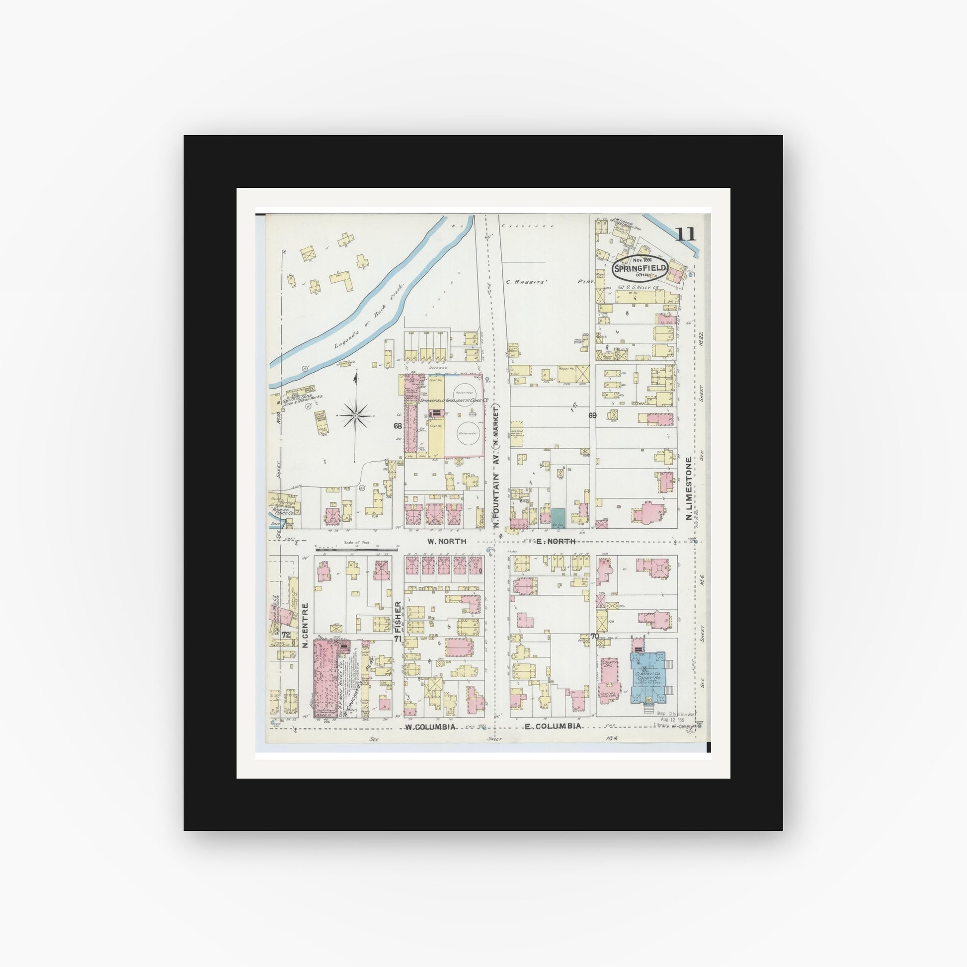 Old map wall art mockup — black gallery frame with white mat — Sanborn Fire Insurance Map from Springfield, Clark County, Ohio (1891), Sheet #0011