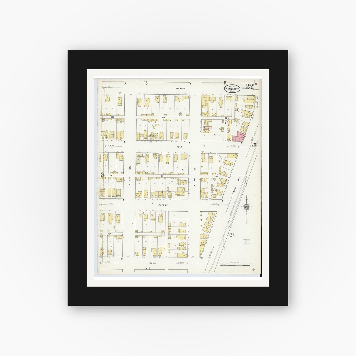Old map wall art mockup — black gallery frame with white mat — Sanborn Fire Insurance Map from Wyandotte, Wayne County, Michigan (1912), Sheet #0022