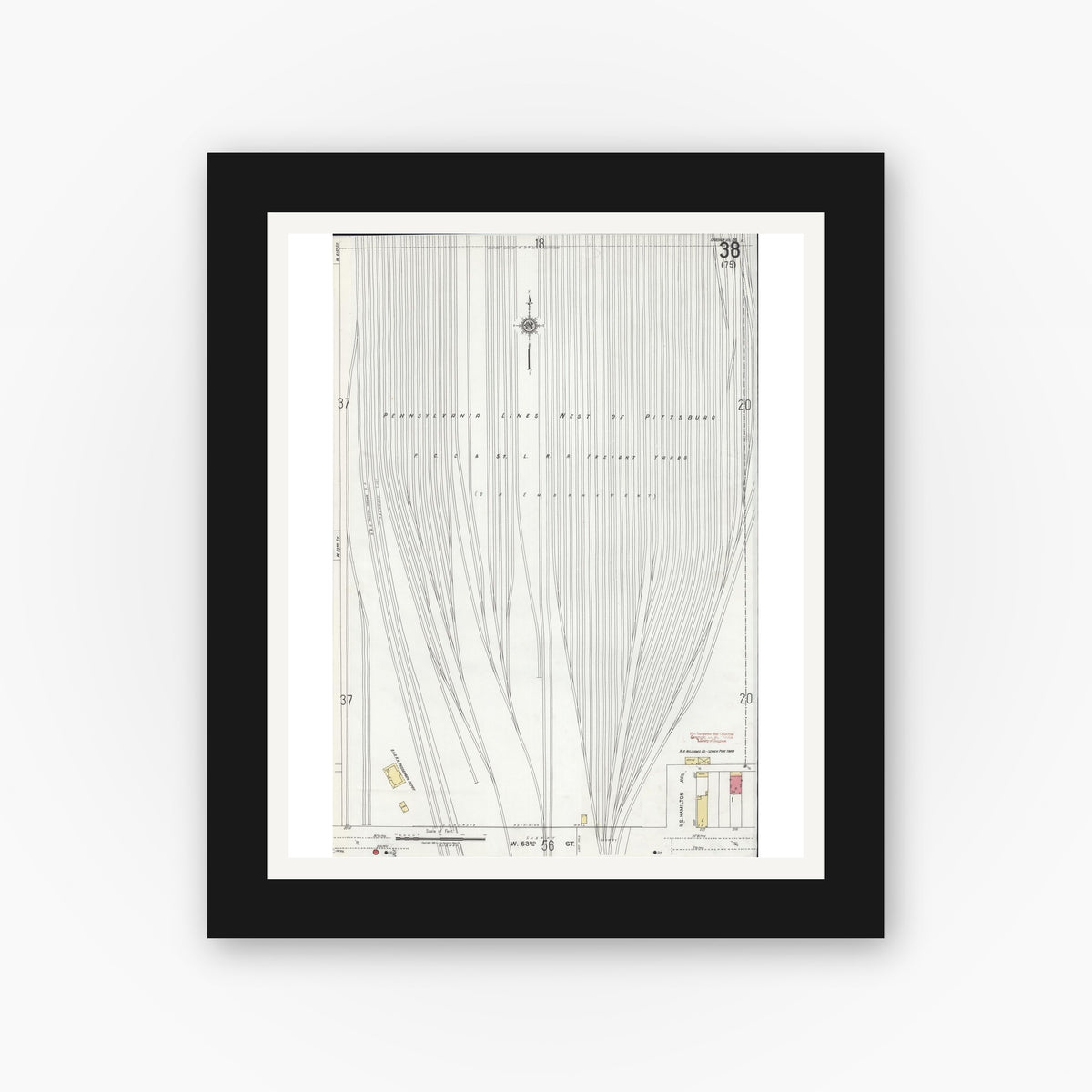 Old map wall art mockup — black gallery frame with white mat — Sanborn Fire Insurance Map from Chicago, Cook County, Illinois (1920), Sheet #0038