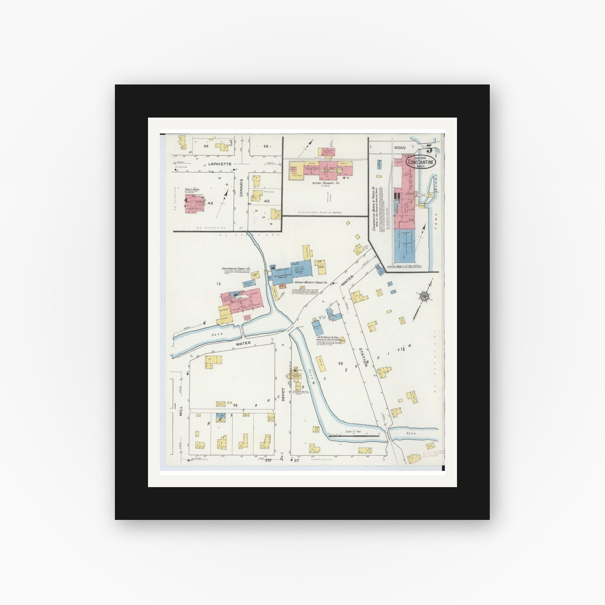 Old map wall art mockup — black gallery frame with white mat — Sanborn Fire Insurance Map from Constantine, Saint Joseph County, Michigan (1916), Sheet #0005
