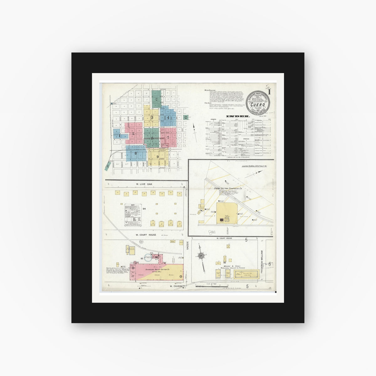 Old map wall art mockup — black gallery frame with white mat — Sanborn Fire Insurance Map from Cuero, De Witt County, Texas (1912) - Complete Map Set