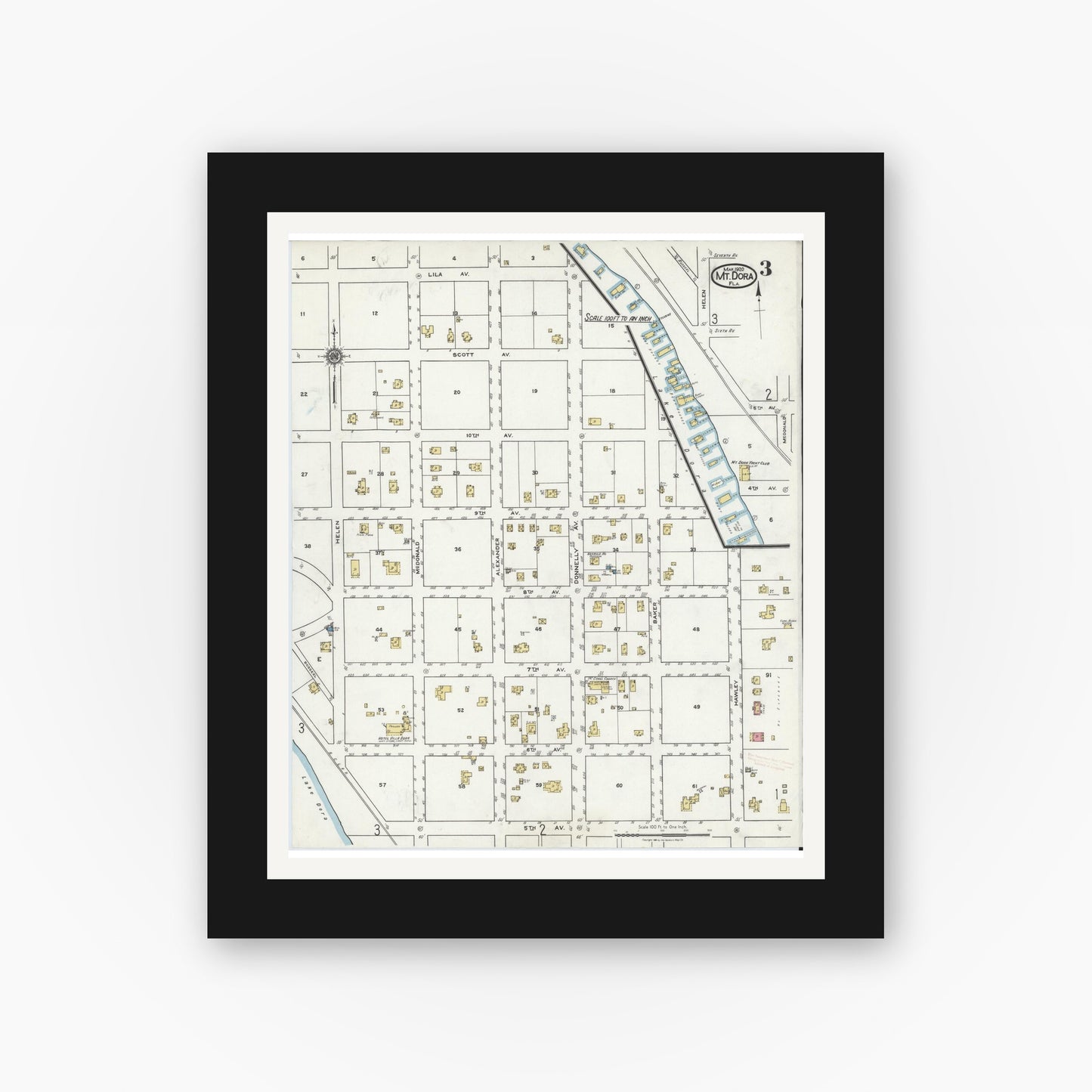 Old map wall art mockup — black gallery frame with white mat — Sanborn Fire Insurance Map from Mount Dora, Lake County, Florida (1920), Sheet #0003