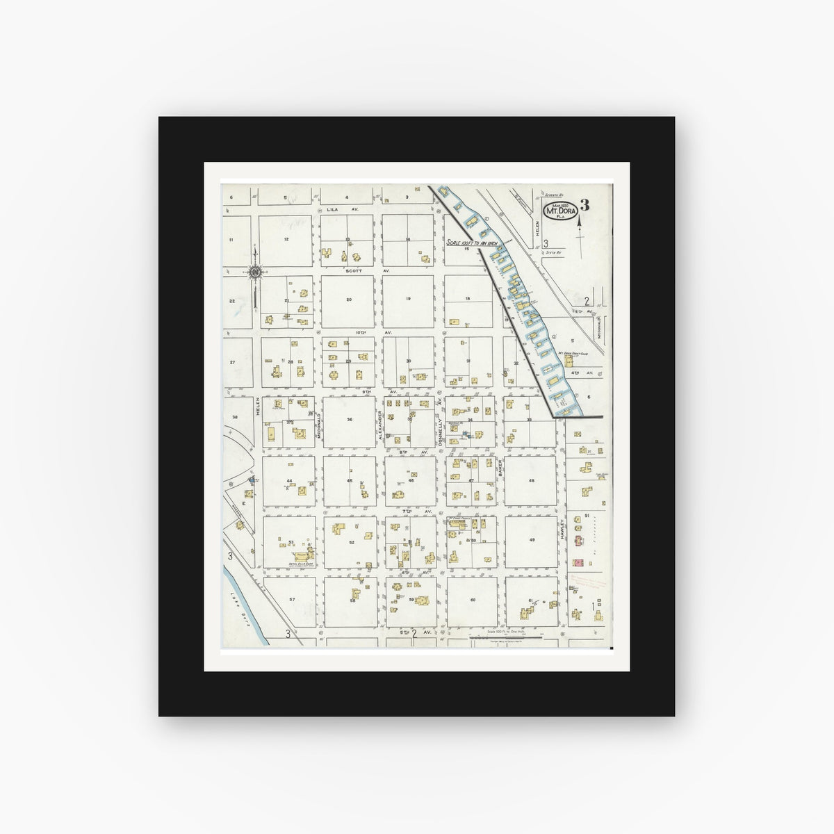 Old map wall art mockup — black gallery frame with white mat — Sanborn Fire Insurance Map from Mount Dora, Lake County, Florida (1920), Sheet #0003