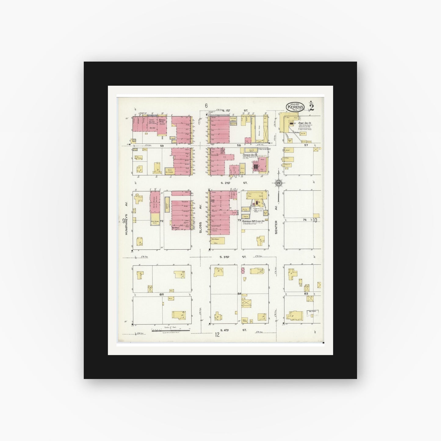 Old map wall art mockup — black gallery frame with white mat — Sanborn Fire Insurance Map from Kerens, Navarro County, Texas (1921), Sheet #0002