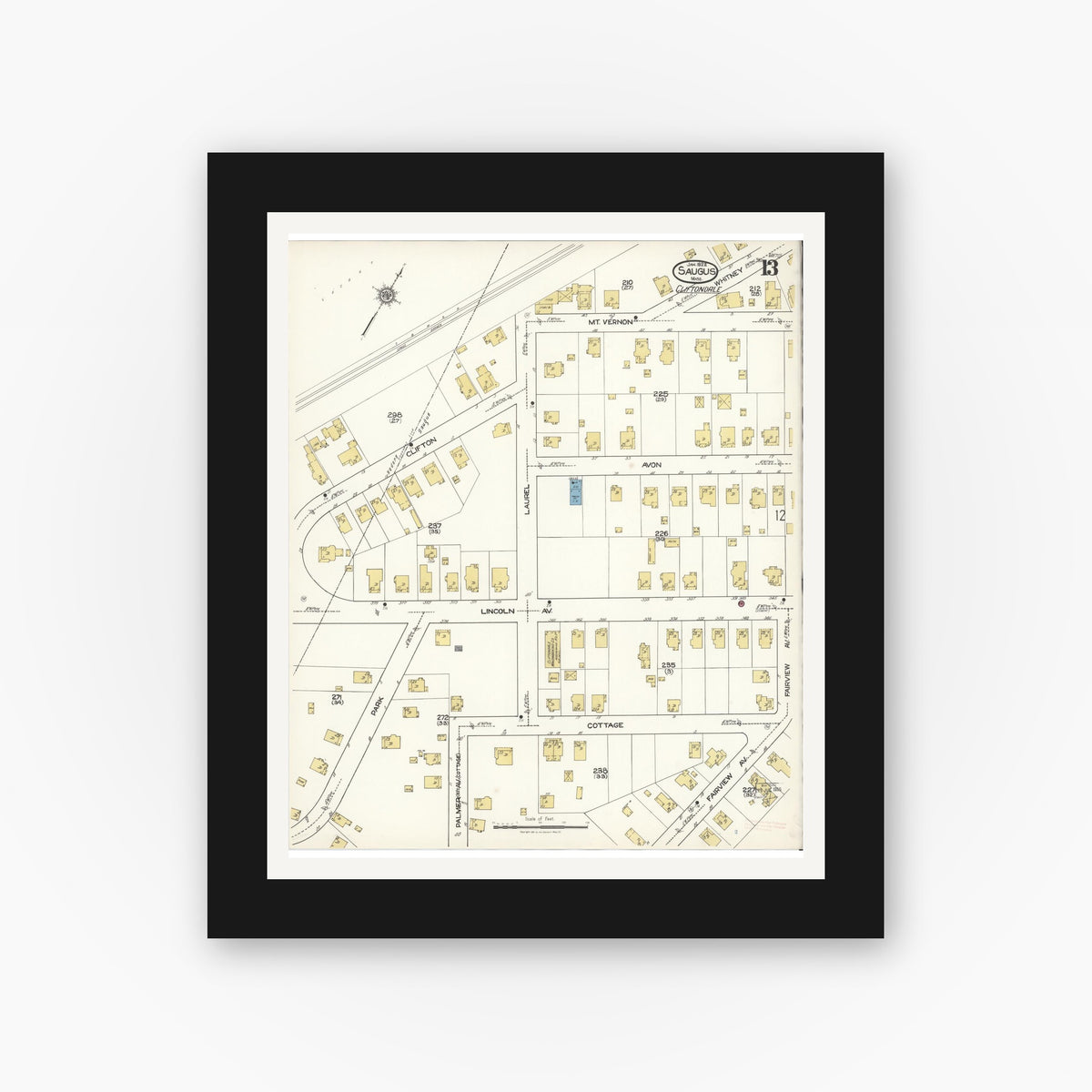 Old map wall art mockup — black gallery frame with white mat — Sanborn Fire Insurance Map from Saugus, Essex County, Massachusetts (1922), Sheet #0013