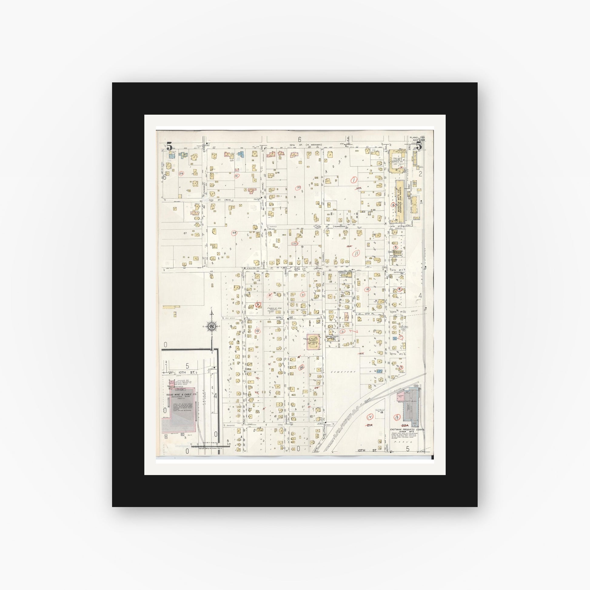 Old map wall art mockup — black gallery frame with white mat — Sanborn Fire Insurance Map from Plano, Collin County, Texas (1961), Sheet #0005
