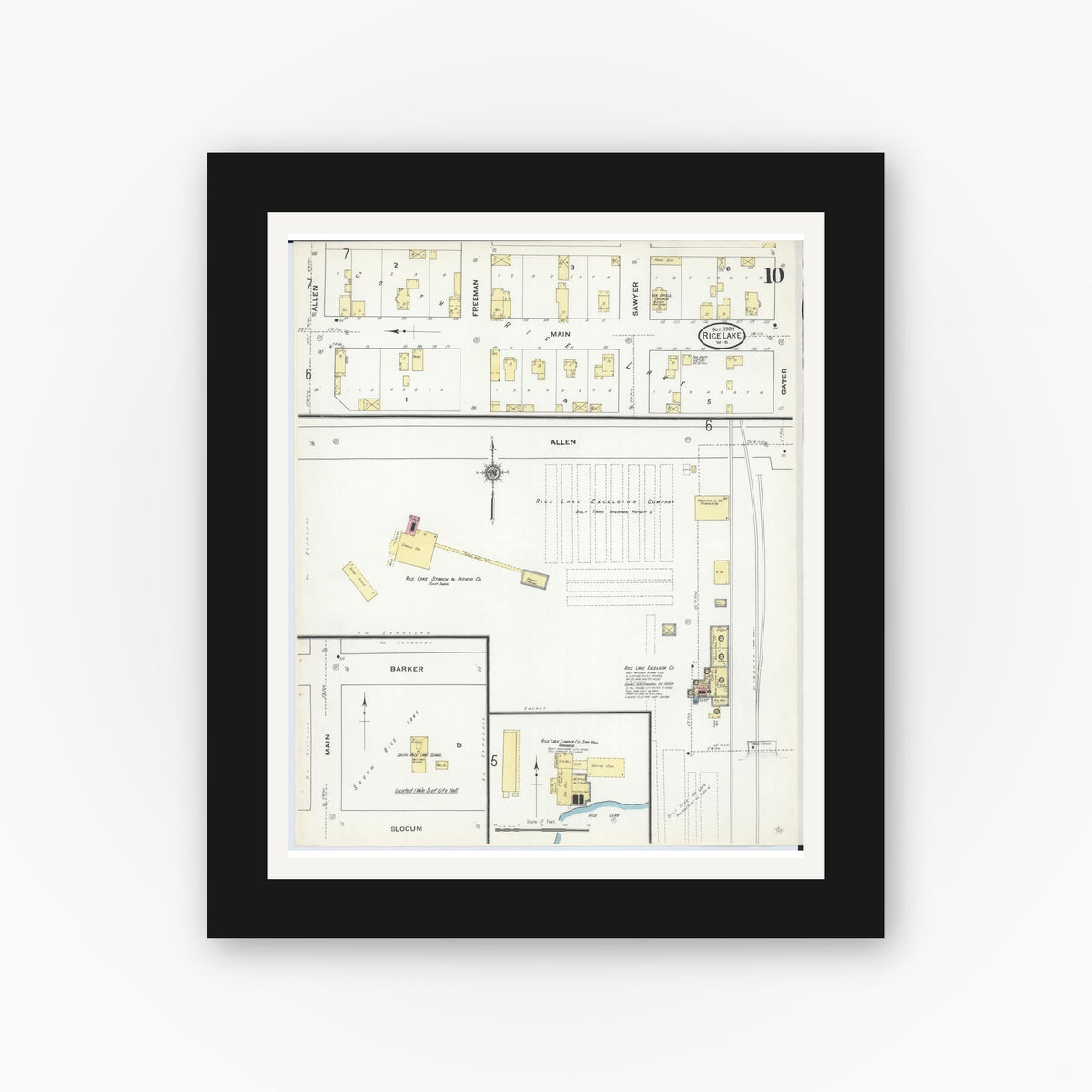 Old map wall art mockup — black gallery frame with white mat — Sanborn Fire Insurance Map from Rice Lake, Barron County, Wisconsin (1909), Sheet #0010