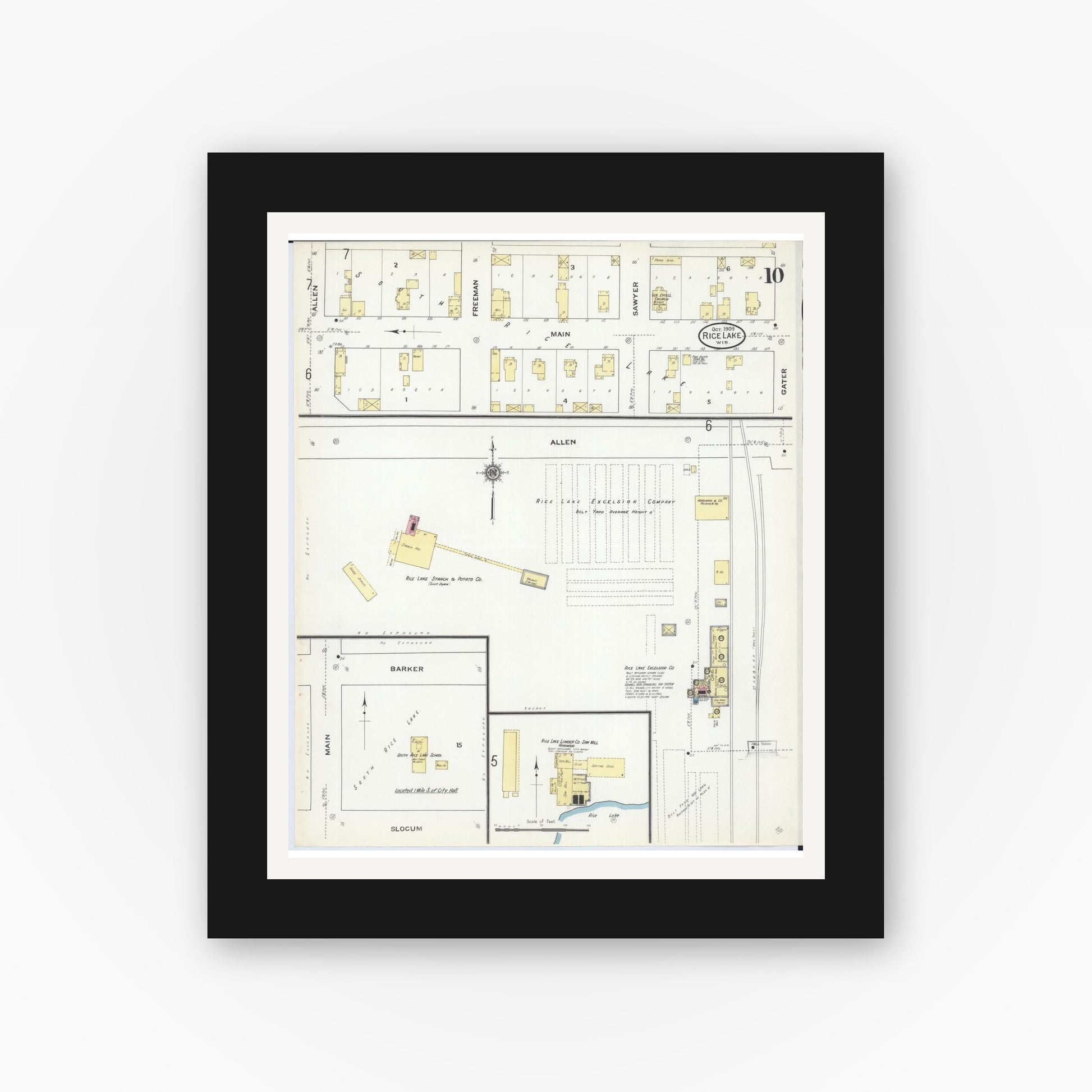 Old map wall art mockup — black gallery frame with white mat — Sanborn Fire Insurance Map from Rice Lake, Barron County, Wisconsin (1909), Sheet #0010