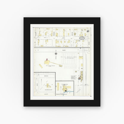 Old map wall art mockup — black gallery frame with white mat — Sanborn Fire Insurance Map from Rice Lake, Barron County, Wisconsin (1909), Sheet #0010