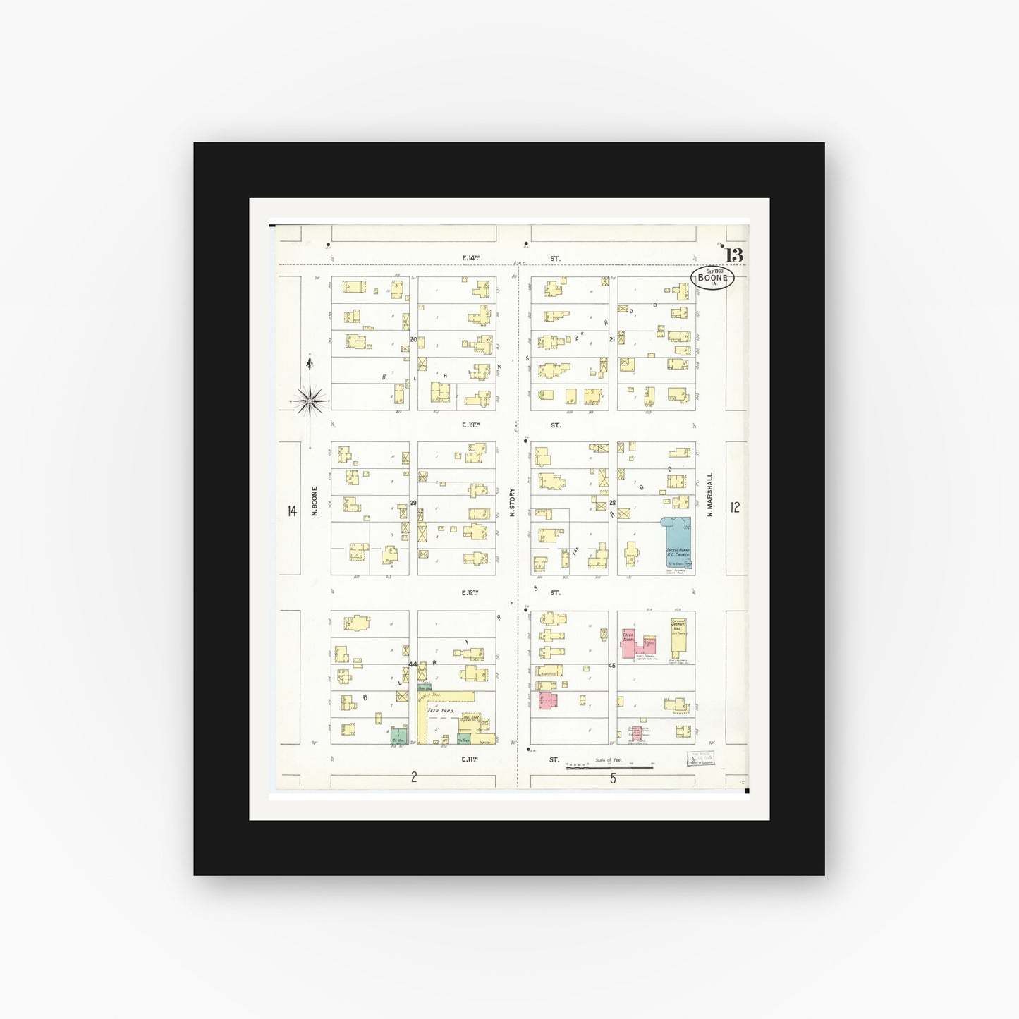 Old map wall art mockup — black gallery frame with white mat — Sanborn Fire Insurance Map from Boone, Boone County, Iowa (1900), Sheet #0013