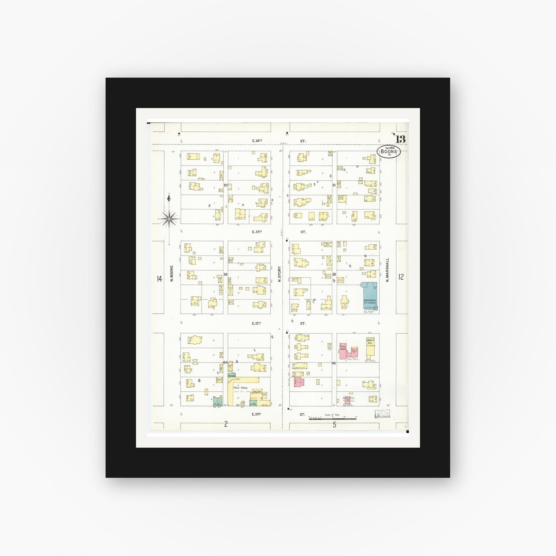 Old map wall art mockup — black gallery frame with white mat — Sanborn Fire Insurance Map from Boone, Boone County, Iowa (1900), Sheet #0013