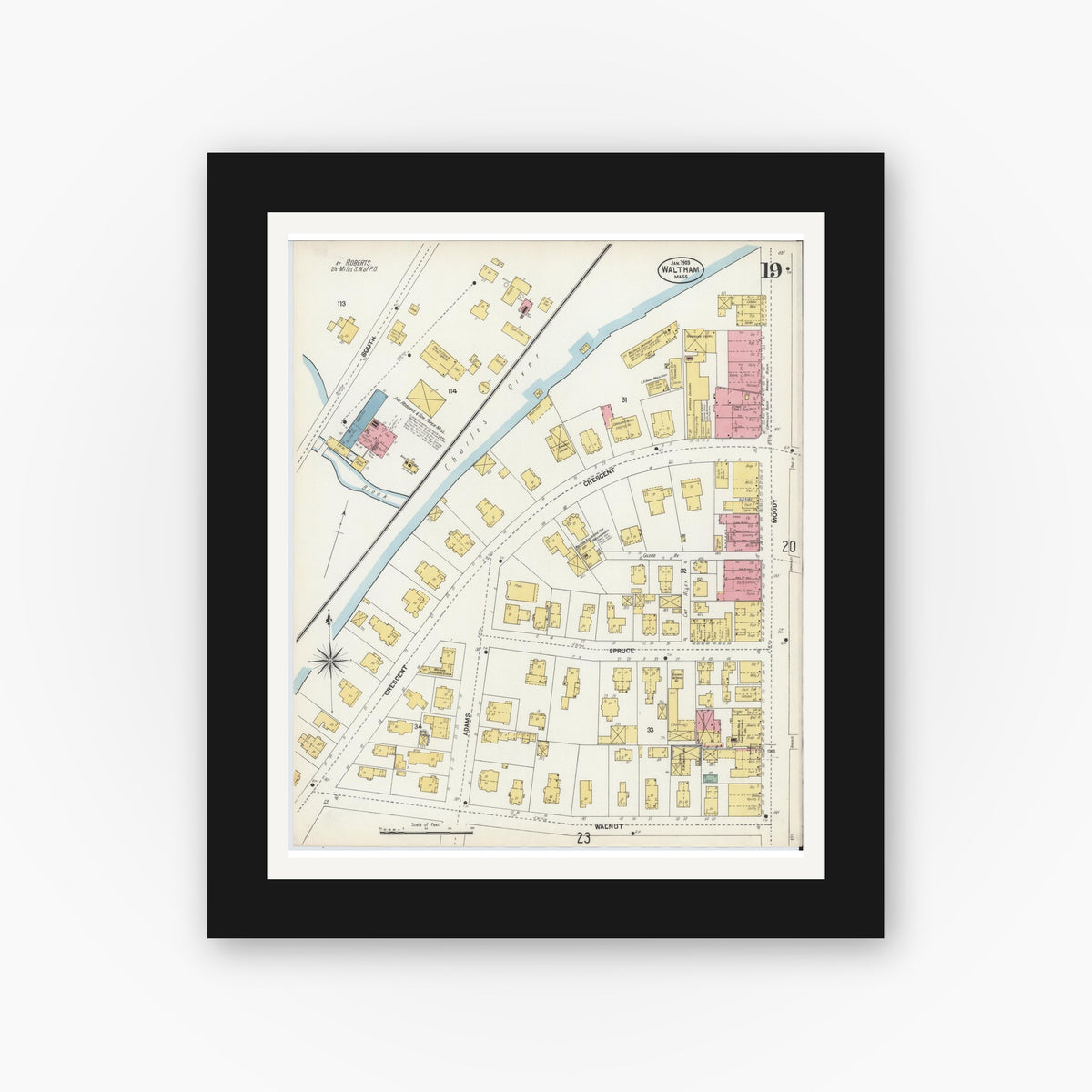 Old map wall art mockup — black gallery frame with white mat — Sanborn Fire Insurance Map from Waltham, Middlesex County, Massachusetts (1903), Sheet #0019