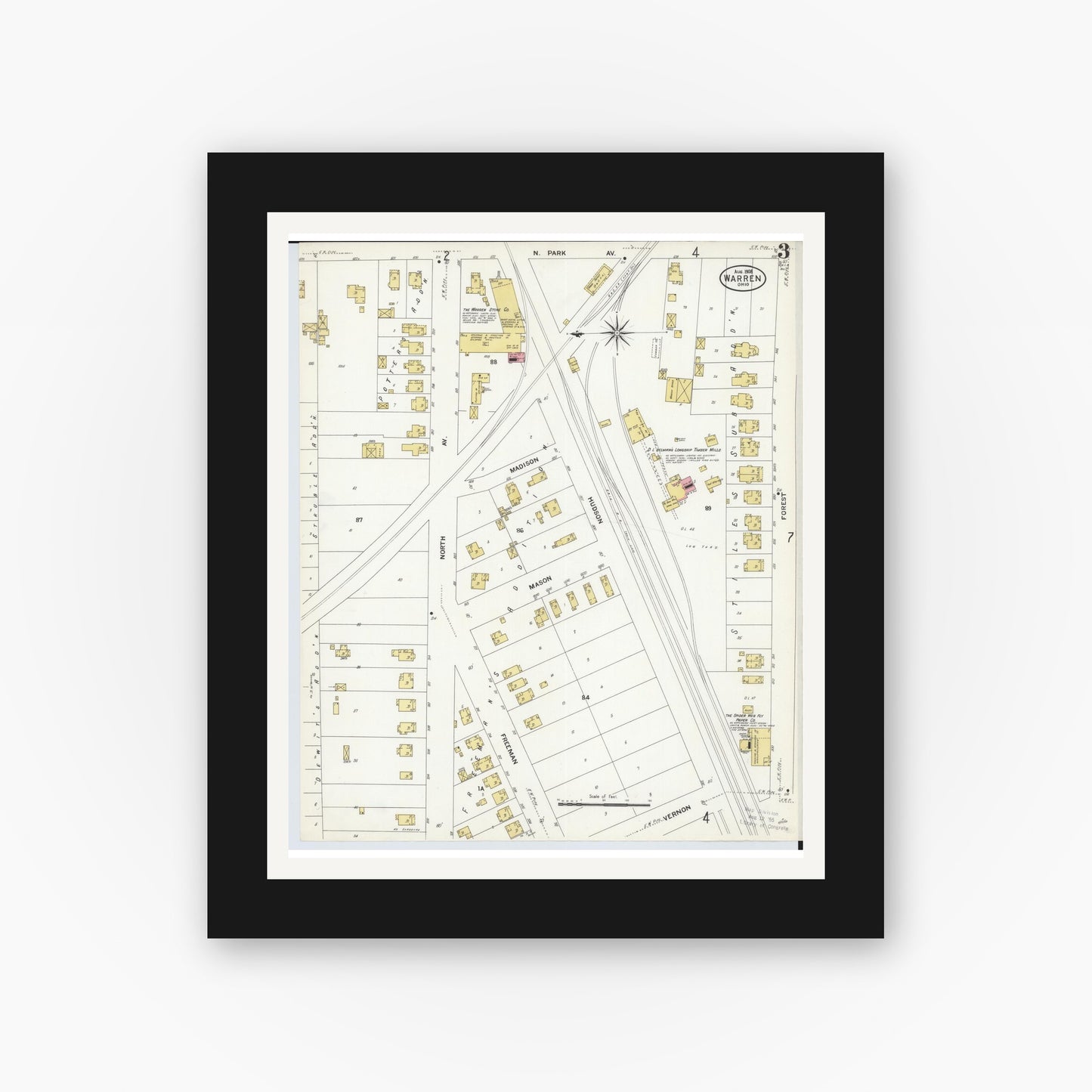 Old map wall art mockup — black gallery frame with white mat — Sanborn Fire Insurance Map from Warren, Trumbull County, Ohio (1908), Sheet #0003