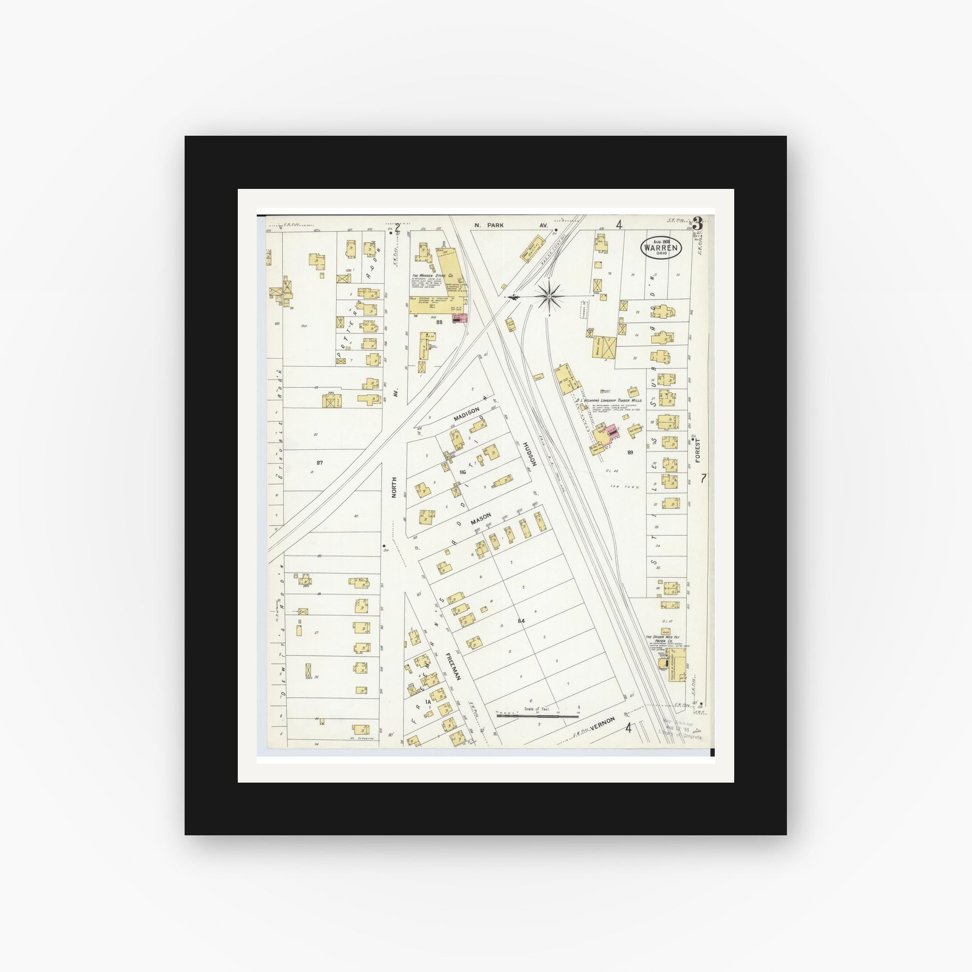 Old map wall art mockup — black gallery frame with white mat — Sanborn Fire Insurance Map from Warren, Trumbull County, Ohio (1908), Sheet #0003