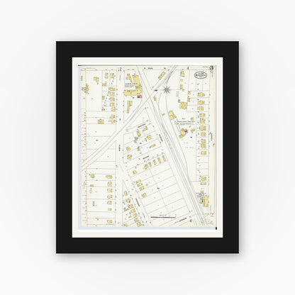 Old map wall art mockup — black gallery frame with white mat — Sanborn Fire Insurance Map from Warren, Trumbull County, Ohio (1908), Sheet #0003