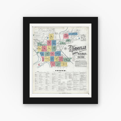Old map wall art mockup — black gallery frame with white mat — Sanborn Fire Insurance Map from Danville, Vermilion County, Illinois (1900) - Complete Map Set