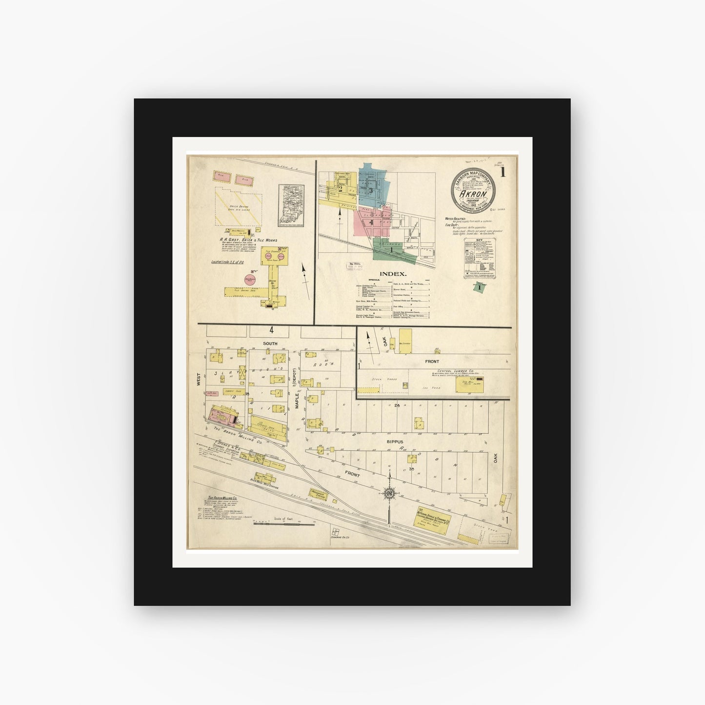 Old map wall art mockup — black gallery frame with white mat — Sanborn Fire Insurance Map from Akron, Fulton County, Indiana (1912), Sheet #0001