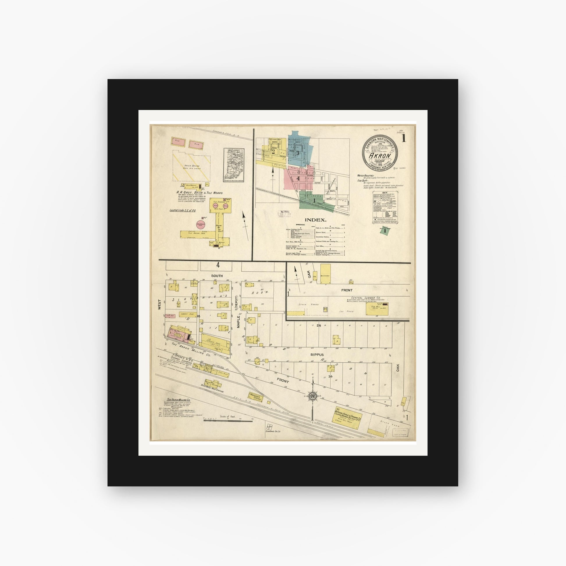 Old map wall art mockup — black gallery frame with white mat — Sanborn Fire Insurance Map from Akron, Fulton County, Indiana (1912), Sheet #0001