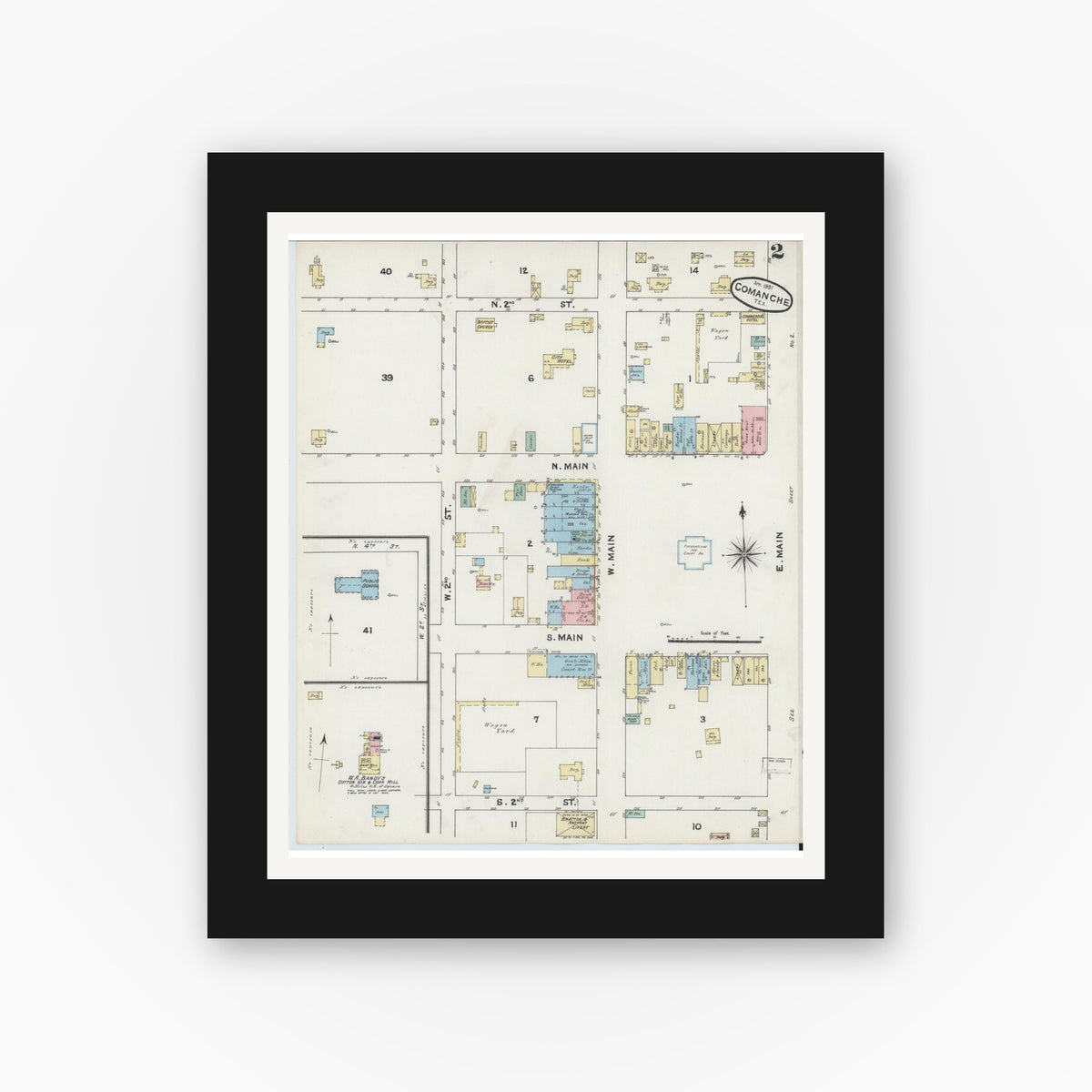 Old map wall art mockup — black gallery frame with white mat — Sanborn Fire Insurance Map from Comanche, Comanche County, Texas (1891), Sheet #0002