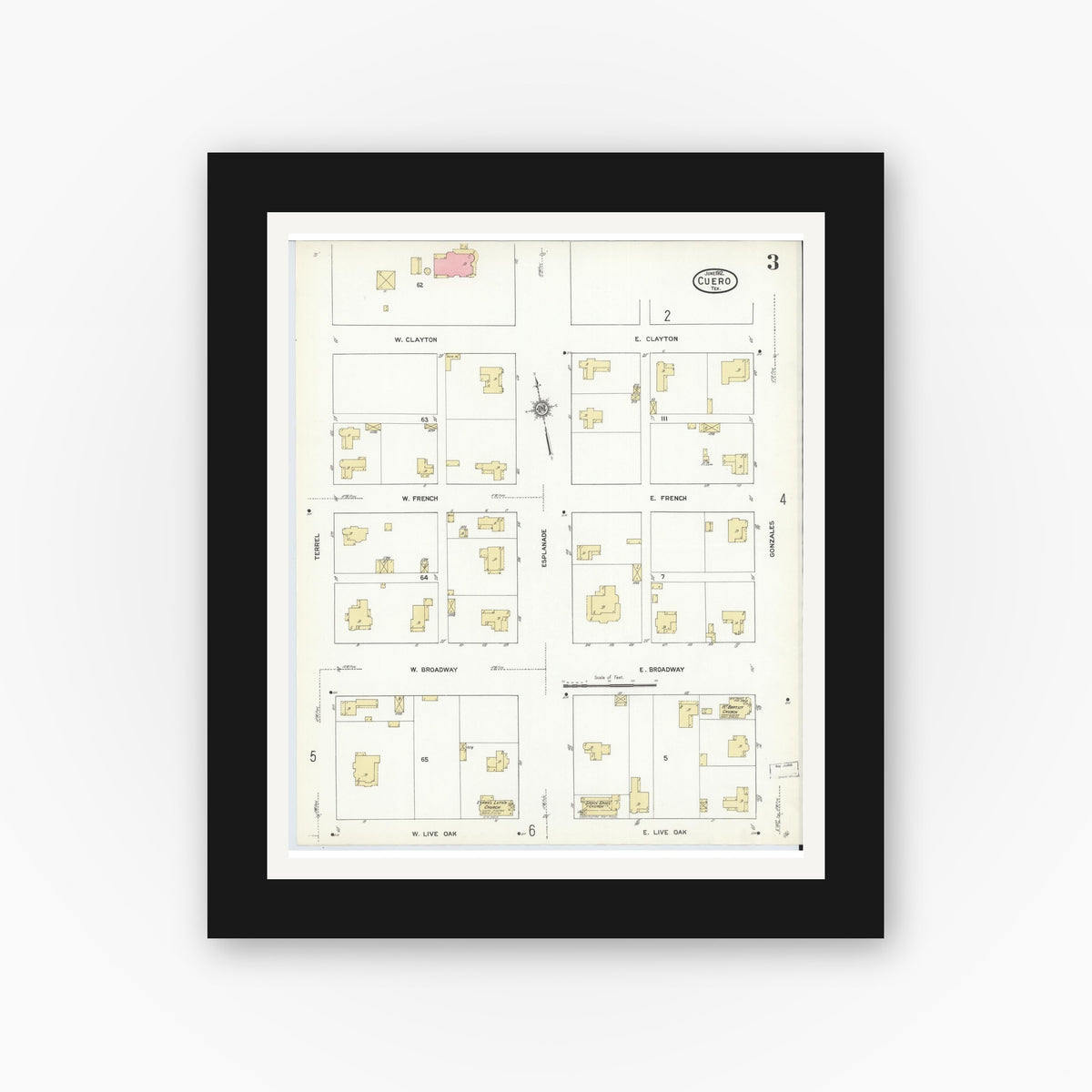 Old map wall art mockup — black gallery frame with white mat — Sanborn Fire Insurance Map from Cuero, De Witt County, Texas (1912), Sheet #0003
