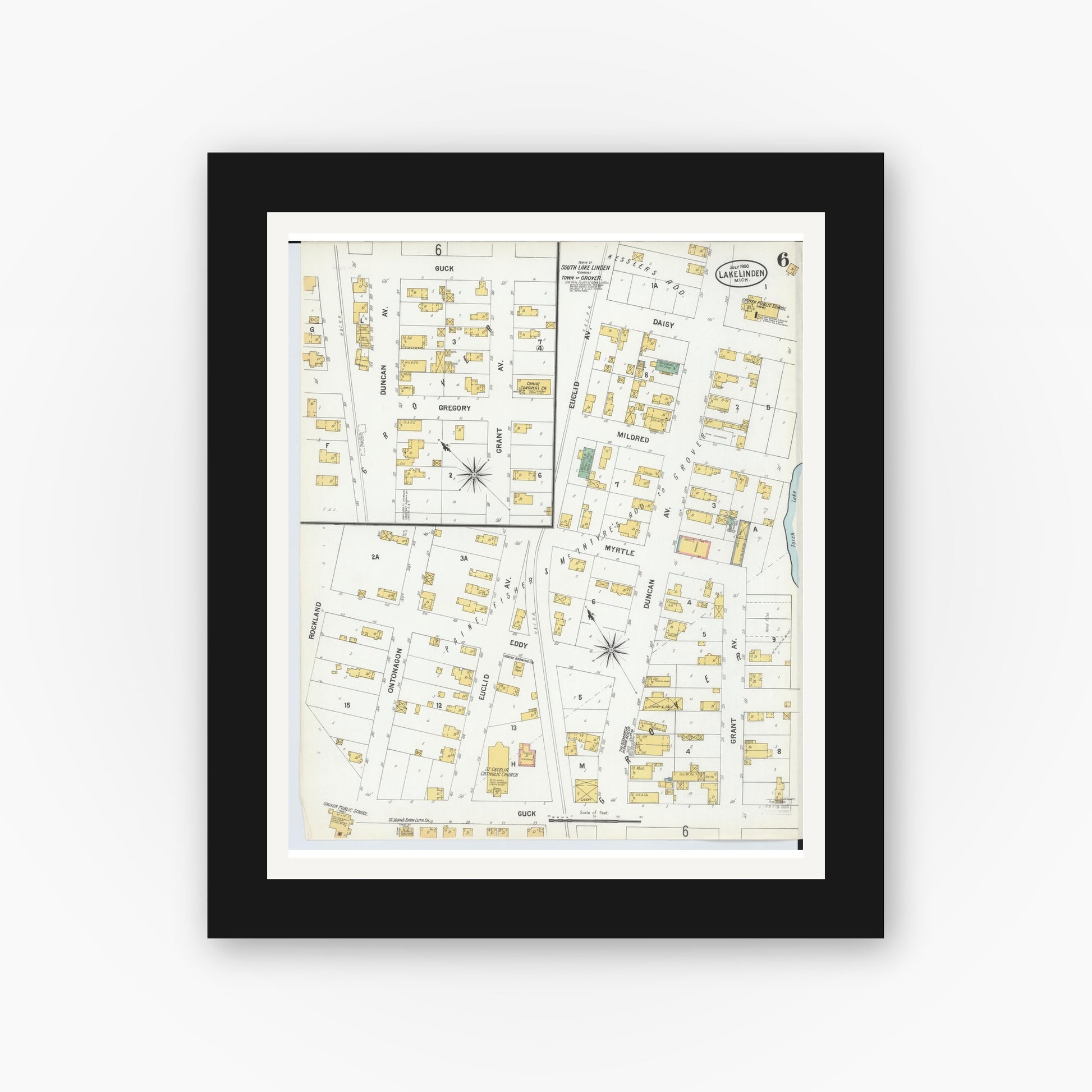 Old map wall art mockup — black gallery frame with white mat — Sanborn Fire Insurance Map from Lake Linden, Houghton County, Michigan (1900), Sheet #0006