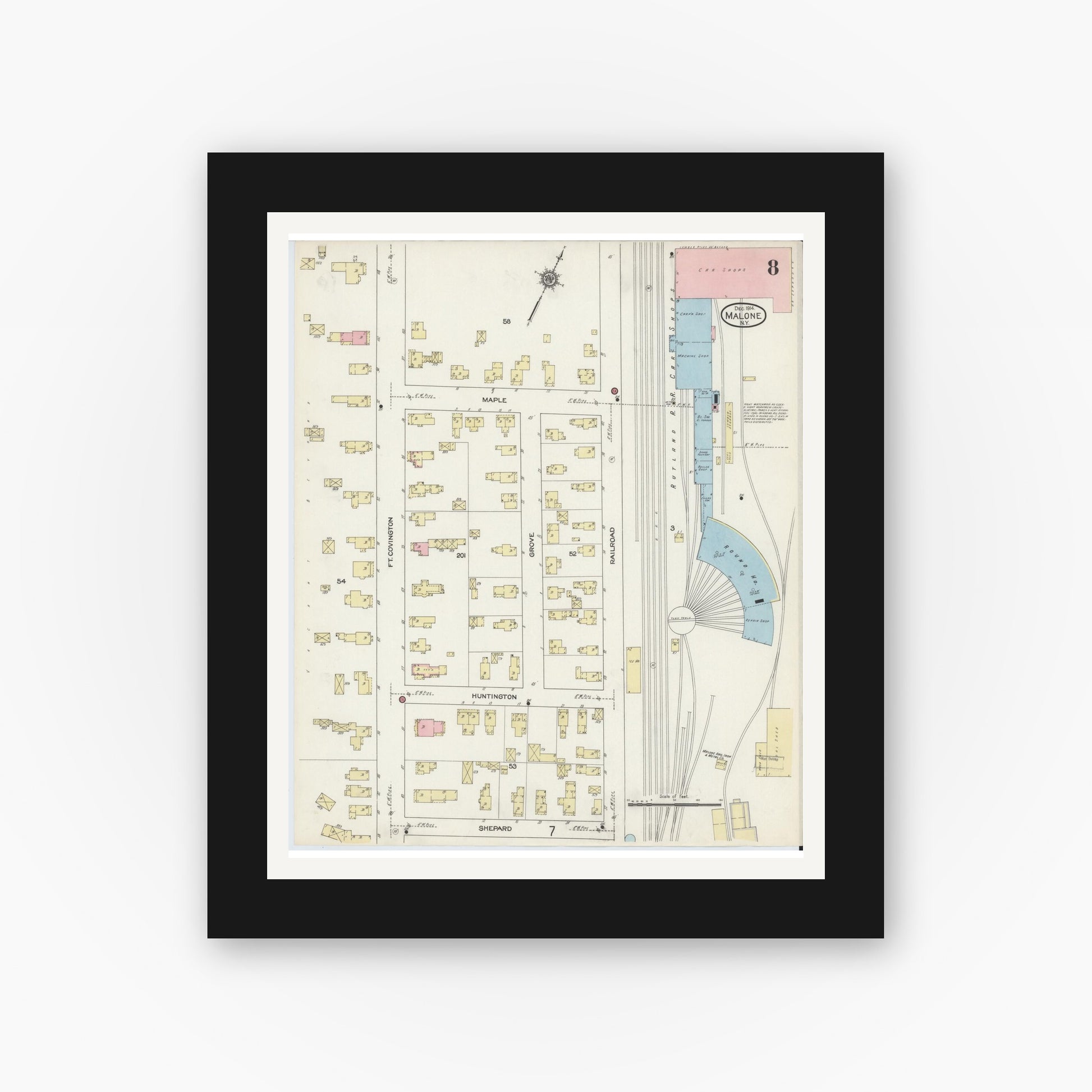 Old map wall art mockup — black gallery frame with white mat — Sanborn Fire Insurance Map from Malone, Franklin County, New York (1914), Sheet #0008