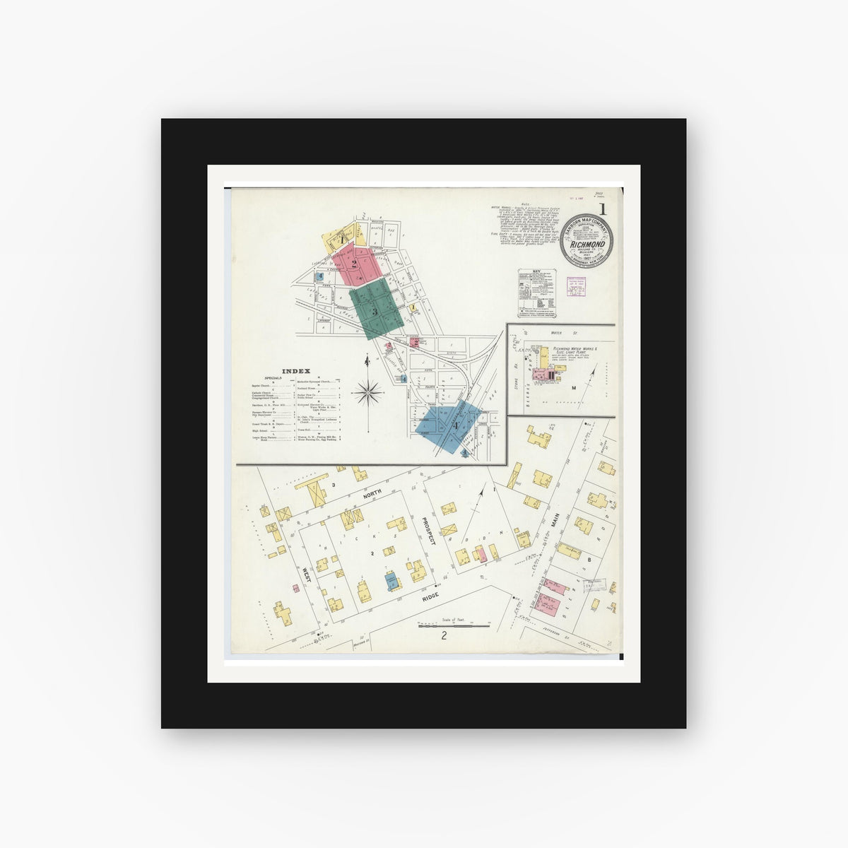 Old map wall art mockup — black gallery frame with white mat — Sanborn Fire Insurance Map from Richmond, Macomb County, Michigan (1907), Sheet #0001