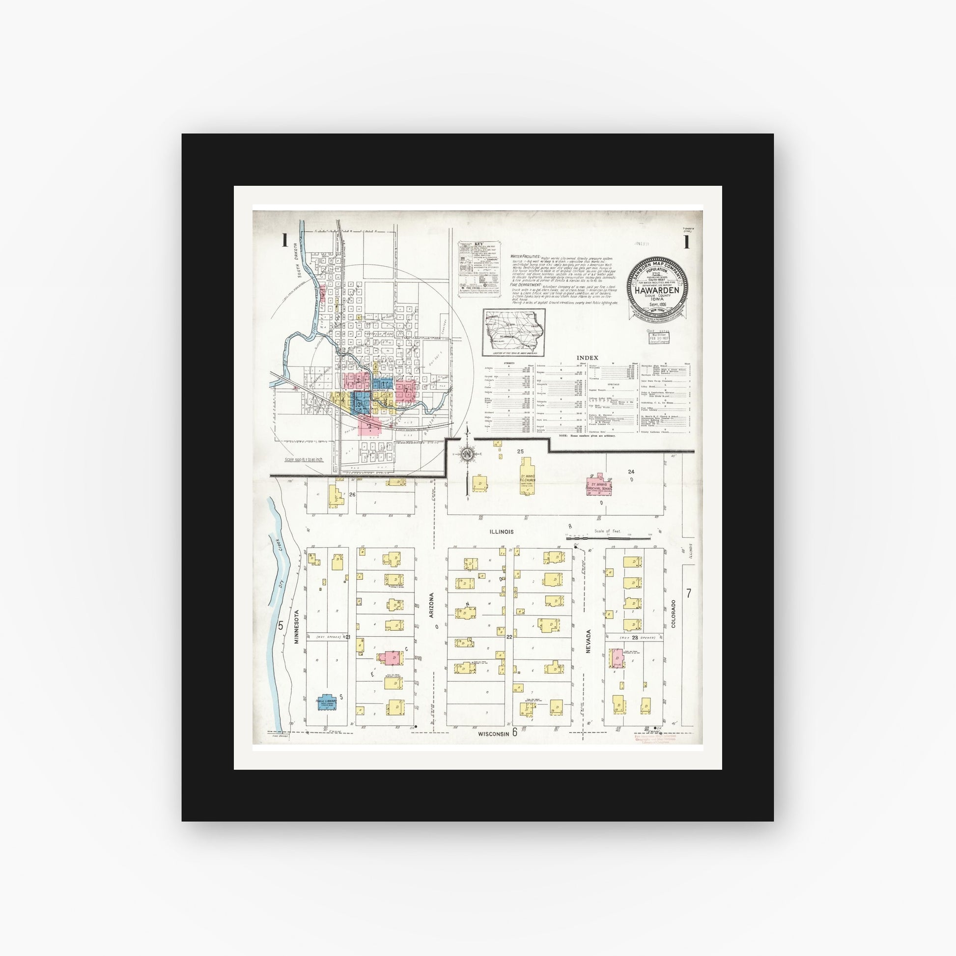Old map wall art mockup — black gallery frame with white mat — Sanborn Fire Insurance Map from Hawarden, Sioux County, Iowa (1924) â€” Complete Set