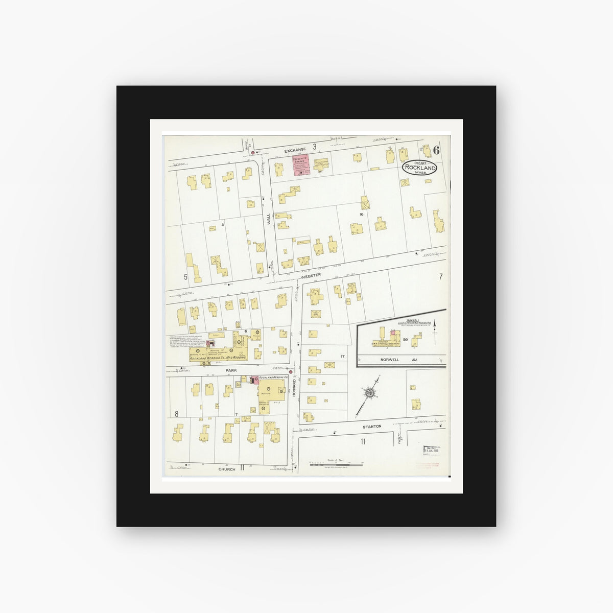 Old map wall art mockup — black gallery frame with white mat — Sanborn Fire Insurance Map from Rockland, Plymouth County, Massachusetts (1917), Sheet #0006
