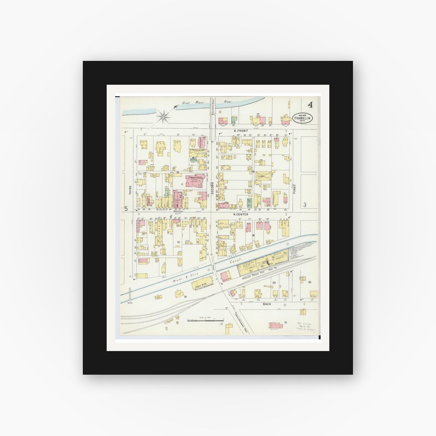 Old map wall art mockup — black gallery frame with white mat — Sanborn Fire Insurance Map from Franklin, Warren County, Ohio (1898), Sheet #0004