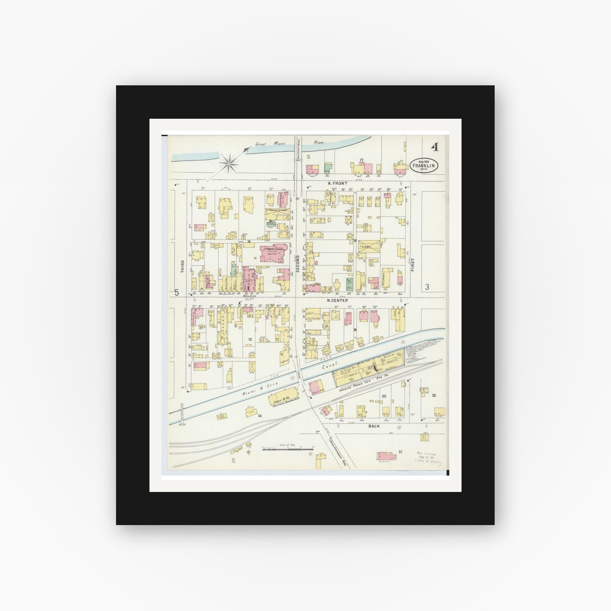 Old map wall art mockup — black gallery frame with white mat — Sanborn Fire Insurance Map from Franklin, Warren County, Ohio (1898), Sheet #0004